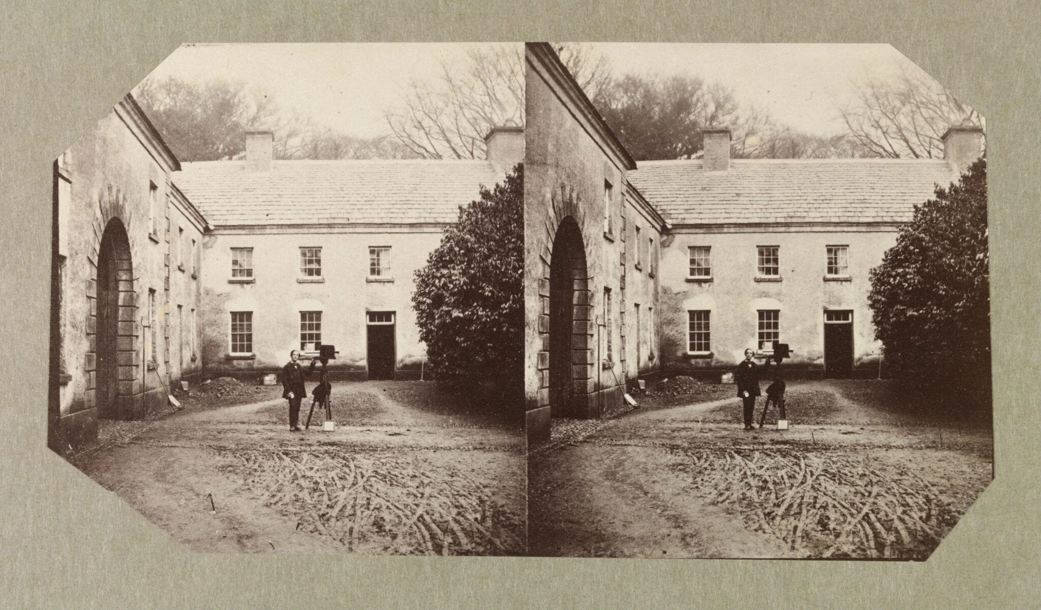 West Wing of Dundrum House with unidentified man with camera on tripod, by Clementina Hawarden, photographic, 1858