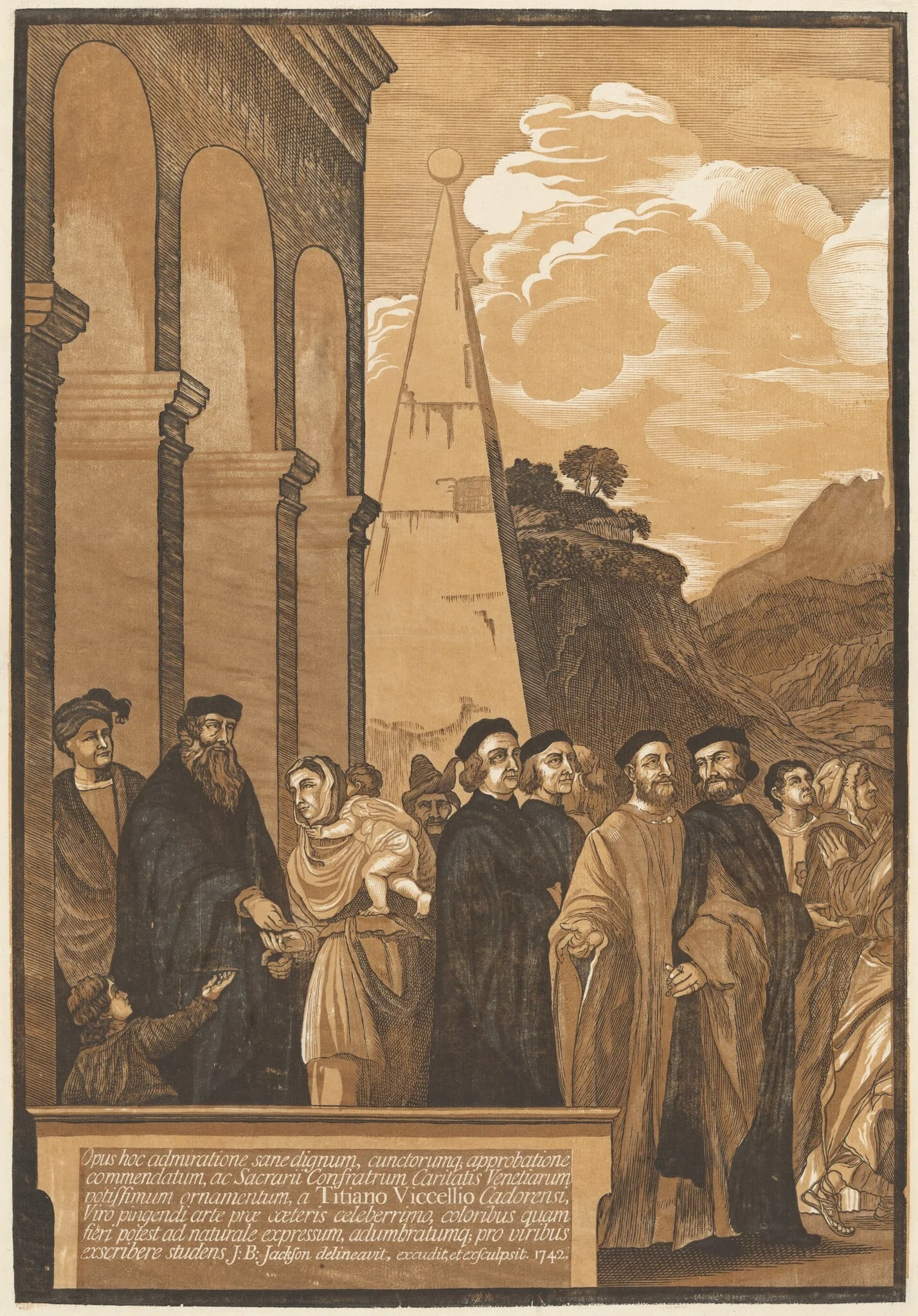 Presentation of the Virgin in the Temple (Left Panel), by John Baptist Jackson, ink, 1742
