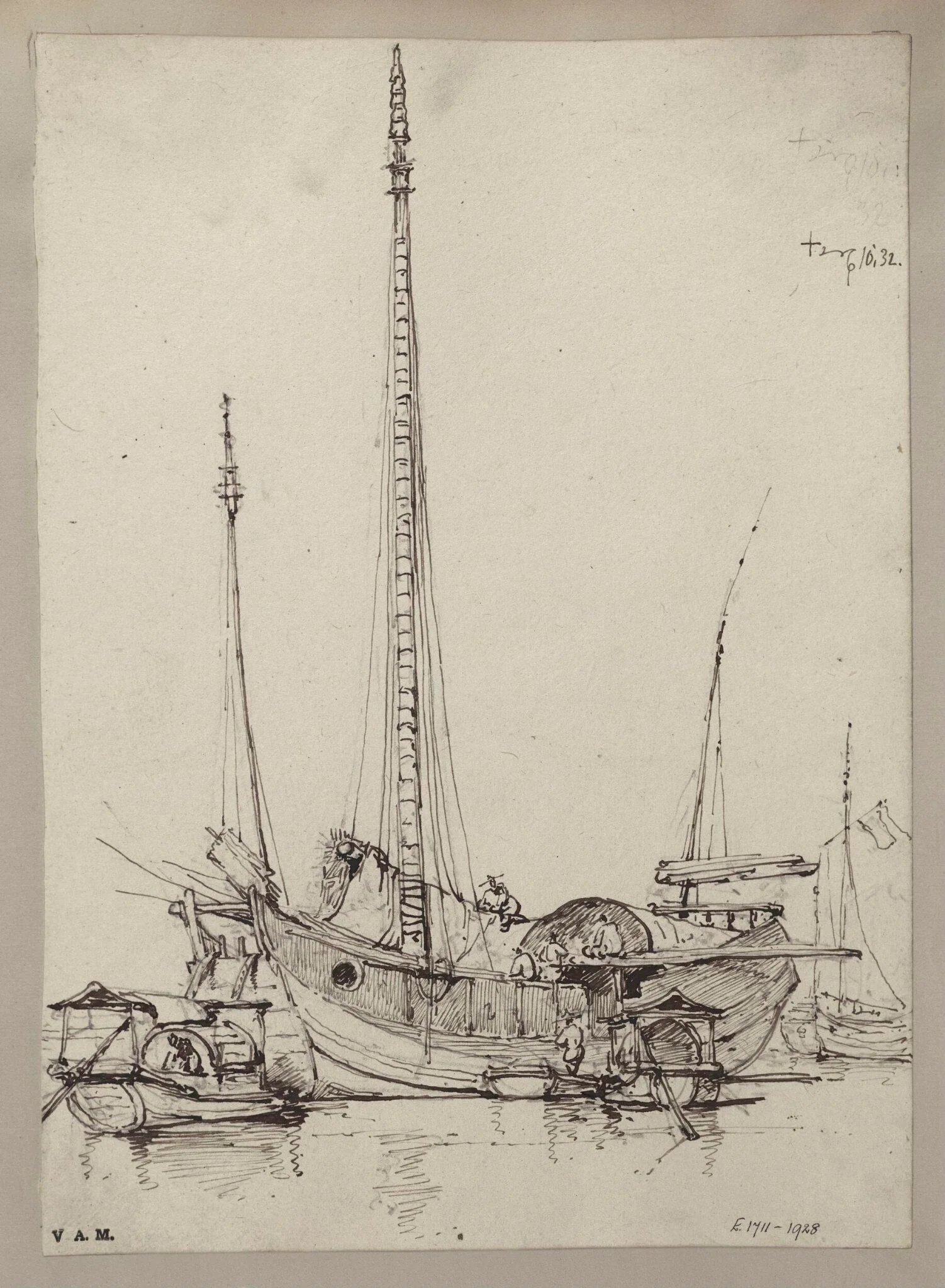 A junk with figures at work on board, by George Chinnery, 10