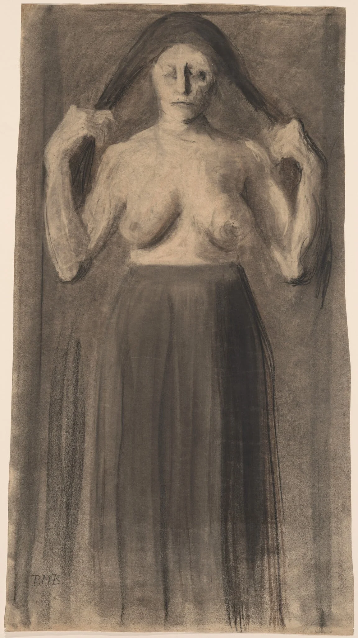 Half-Nude Woman Holding Her Hair Apart, by Paula Modersohn-Becker, charcoal, 1898