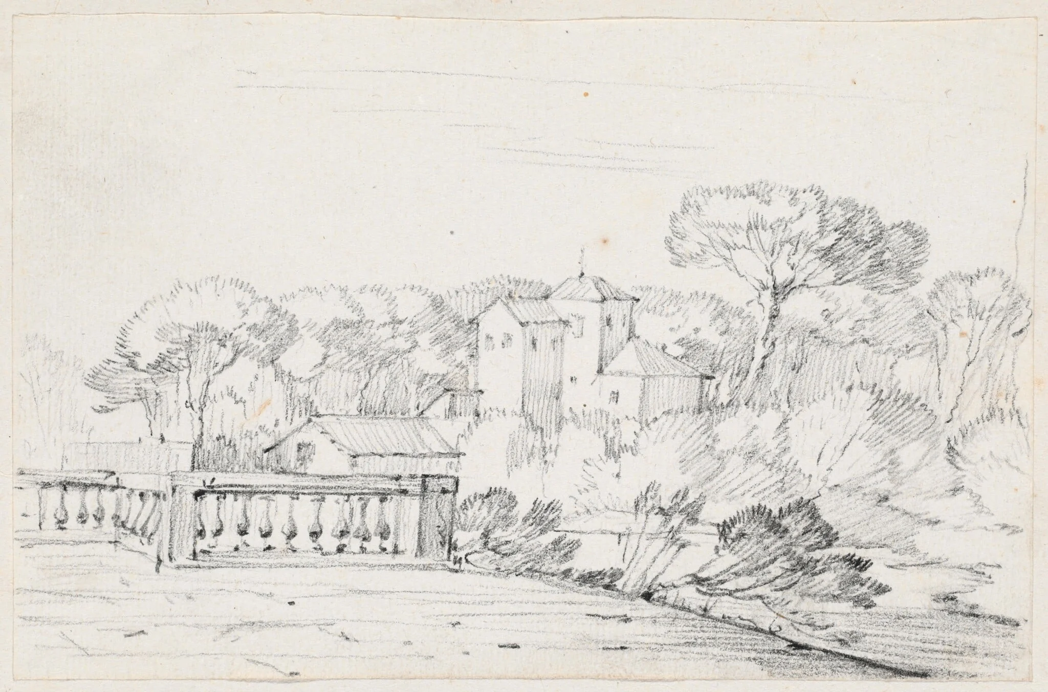 Terrace by a River with a Villa and Trees Beyond