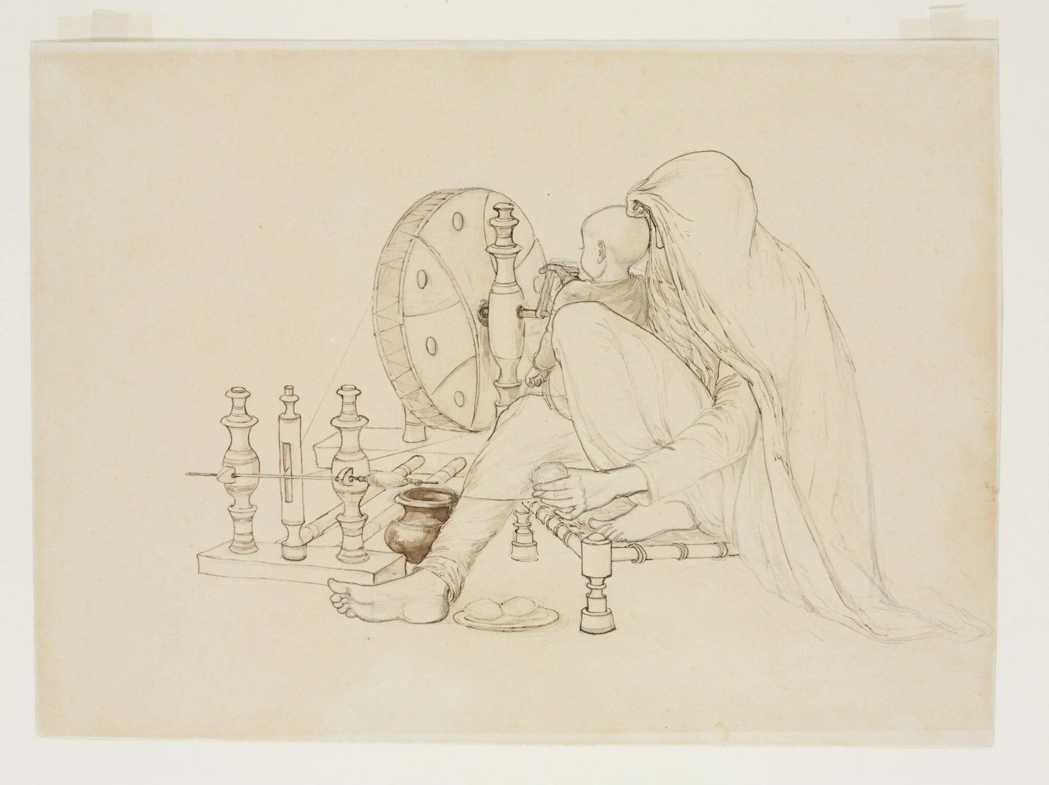 Spinning shawl wool, by John Lockwood Kipling, 1870