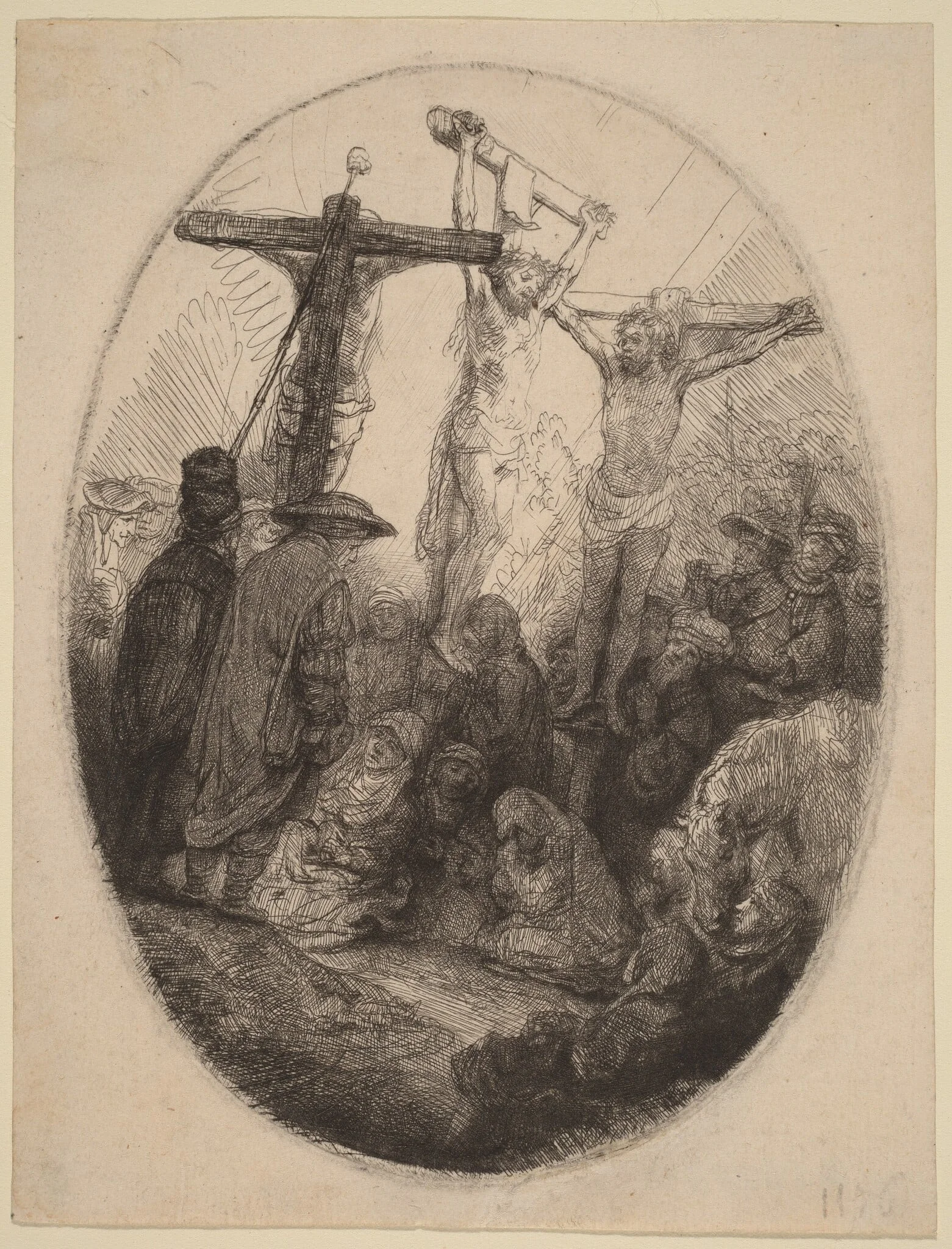 Christ Crucified between the Two Thieves: an Oval Plate, by Rembrandt, ink, 1641