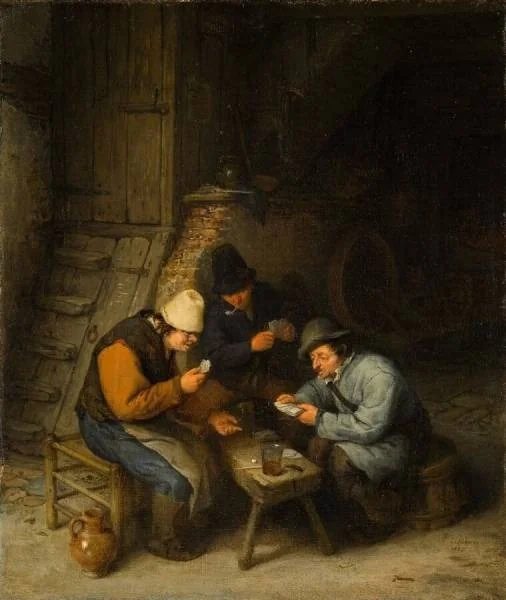 Peasants Playing Cards, by Adriaen van Ostade, oil, 1655