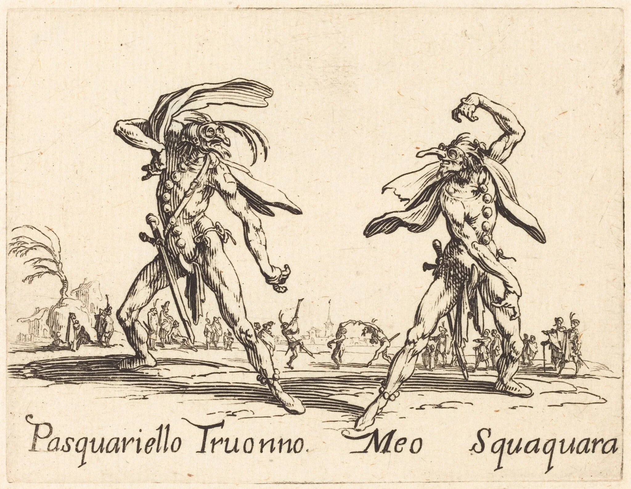 Pasquariello Truonno and Meo Squaquara, by Jacques Callot, ink, 1622