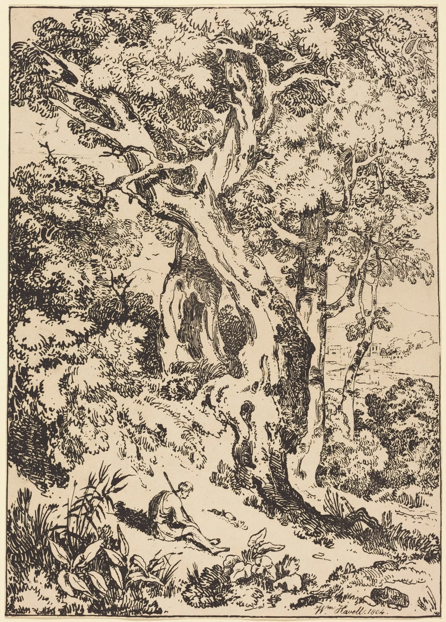 Study of Trees and Shrubs with Seated Figure, by William Havell, ink, 1804