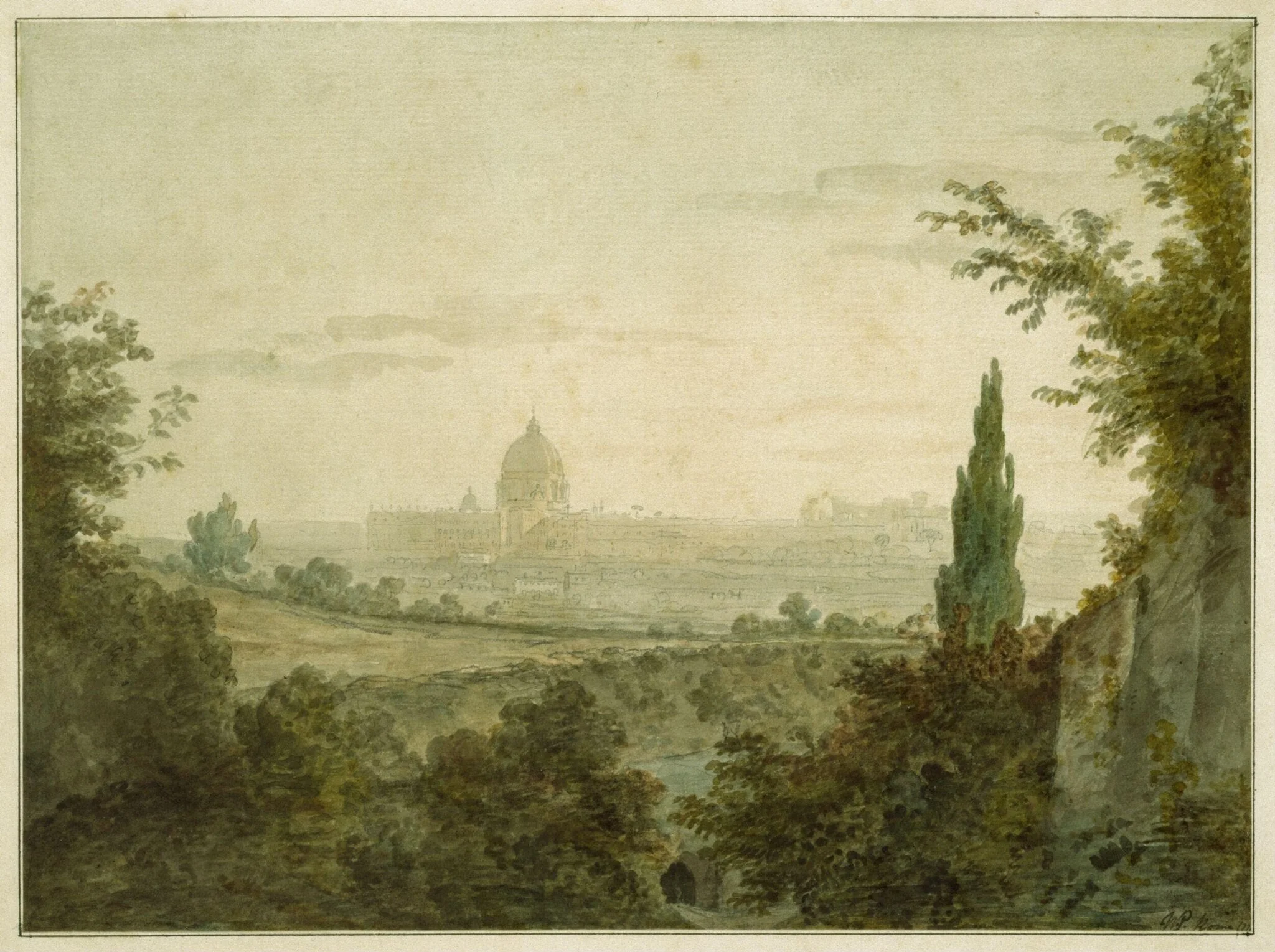 St. Peter's in Rome : View from above the Arco Scuro, near Pope Julius' Villa, by William Pars, watercolor, 1777