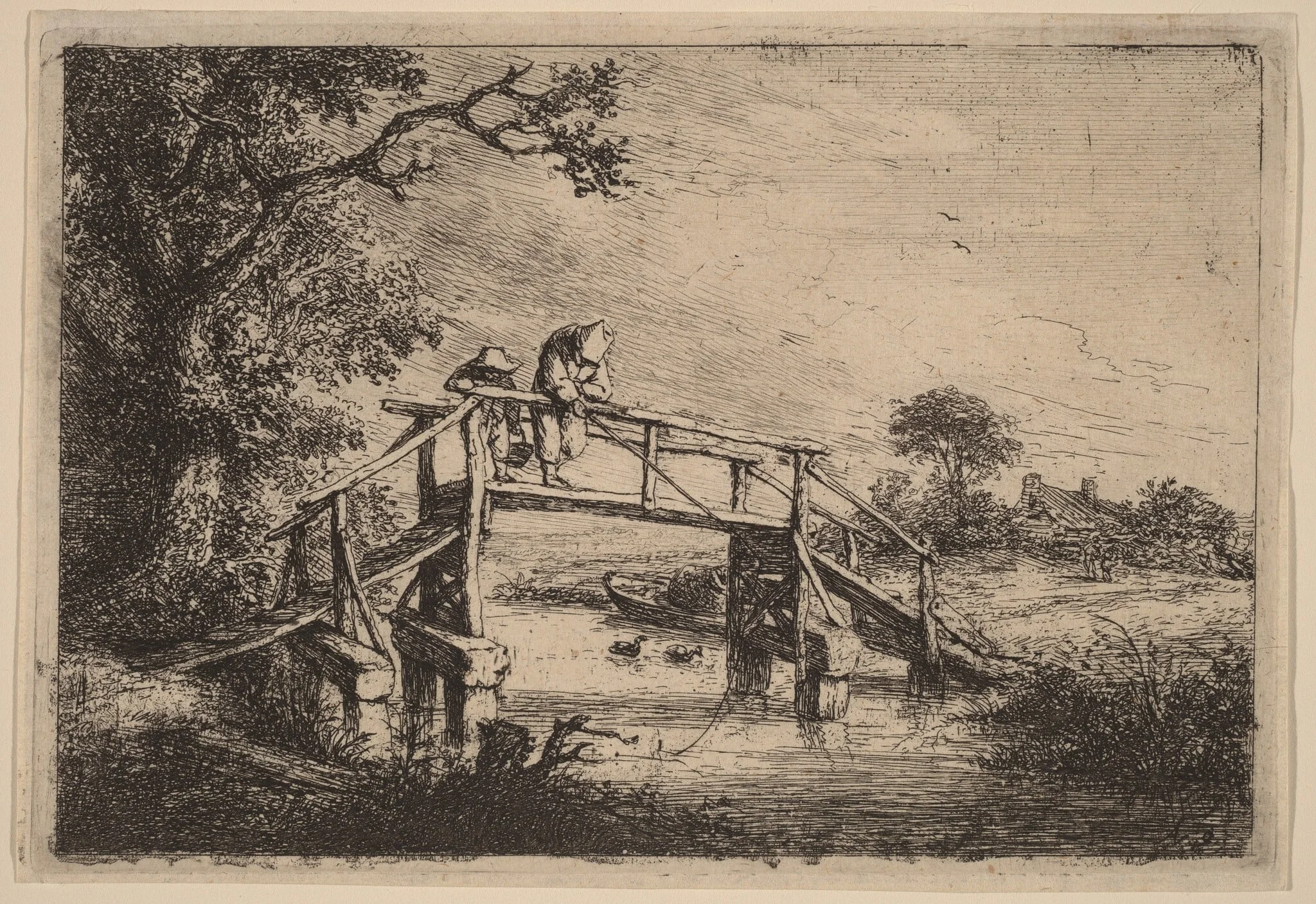 Landscape with a Bridge and Two Fishermen, by Adriaen van Ostade, ink, 1652