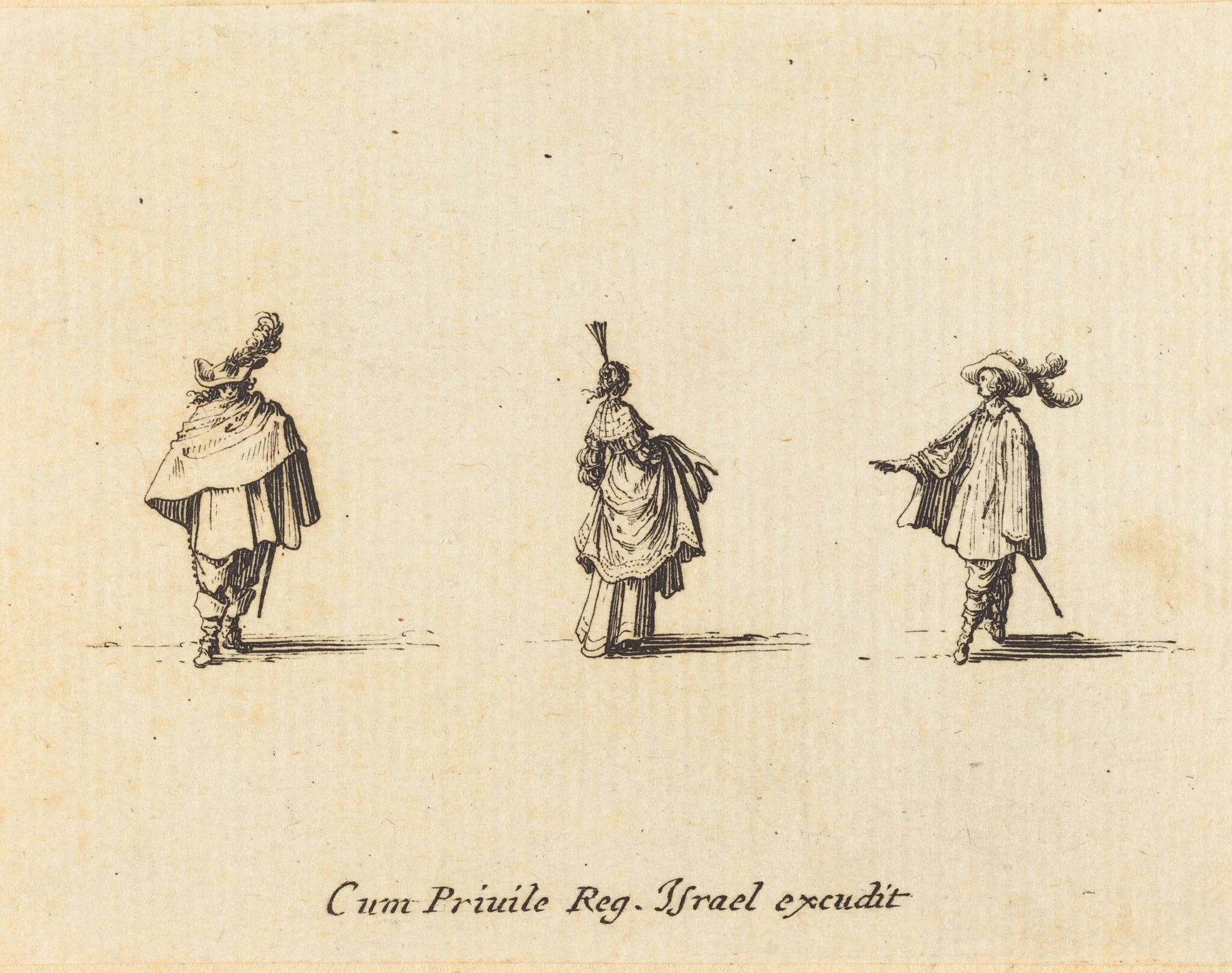 Lady with Dress Gathered Up, and Two Gentlemen, by Jacques Callot, ink, 1634