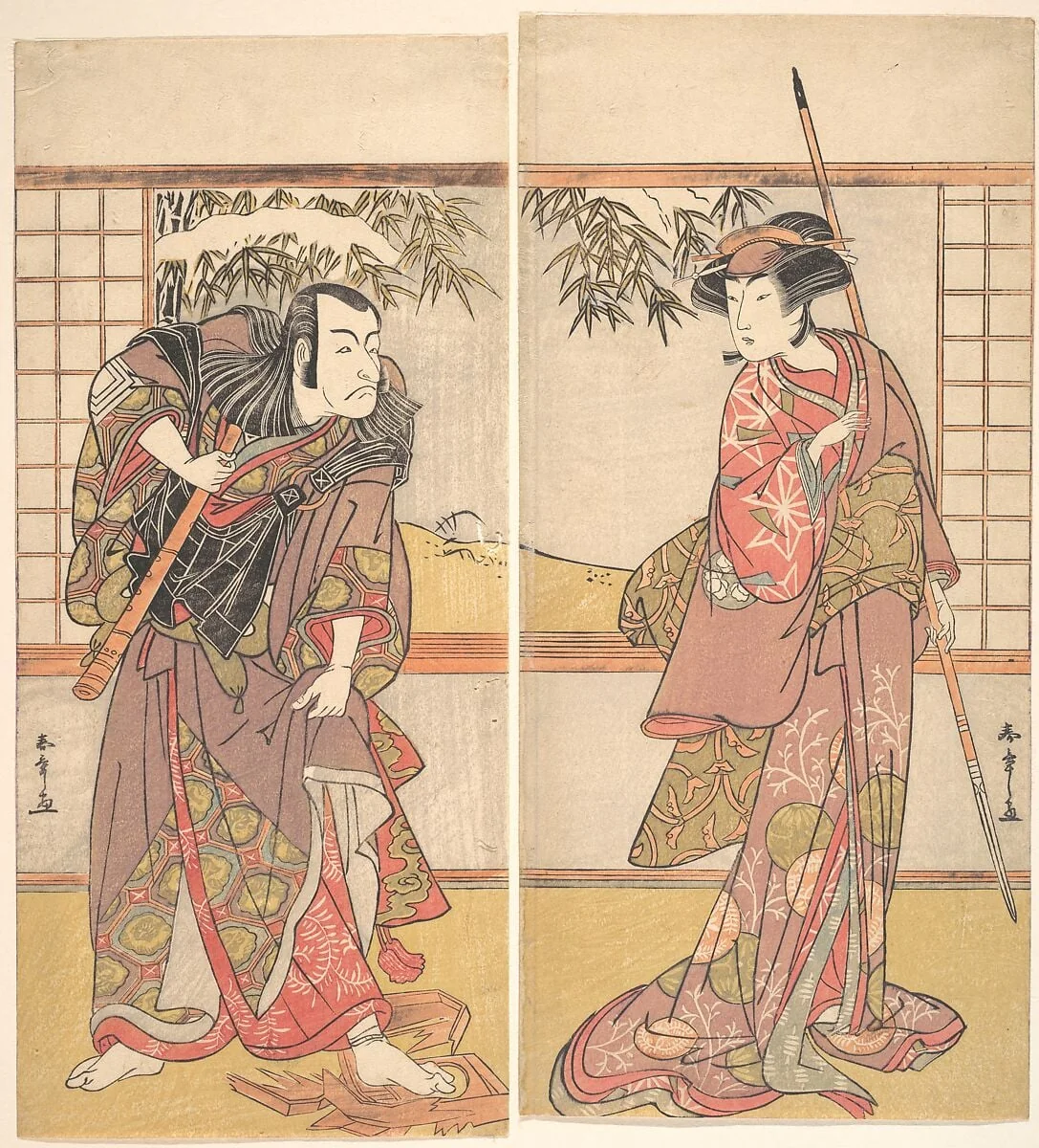 勝川春章画　二代目小佐川常世・五代目市川団十郎|Kabuki Actors Osagawa Tsuneyo II and Ichikawa Danjūrō V, by Katsukawa Shunshō, ink, 1784