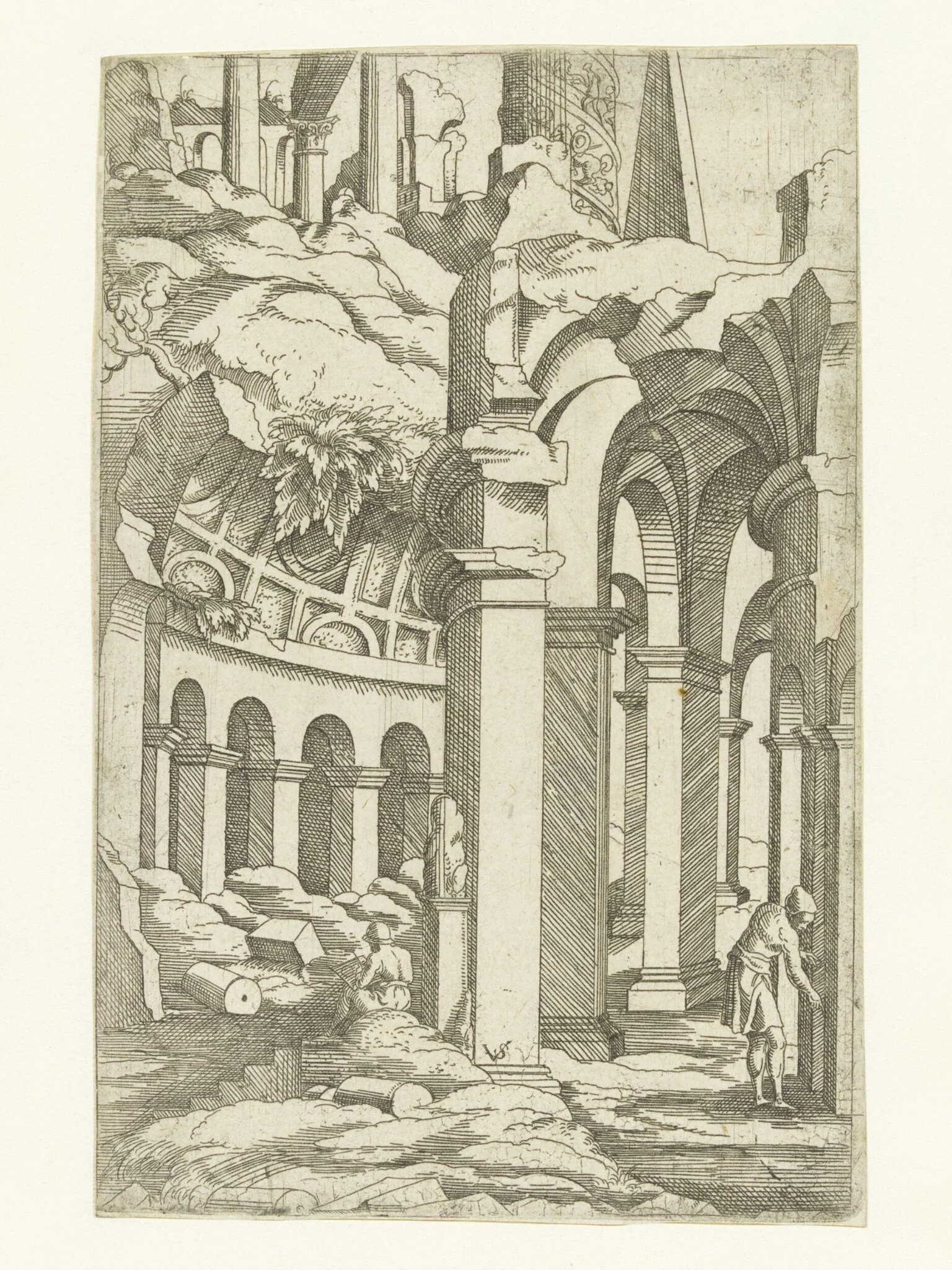 Ruins with a seated draftsman, by Virgil Solis, 1560
