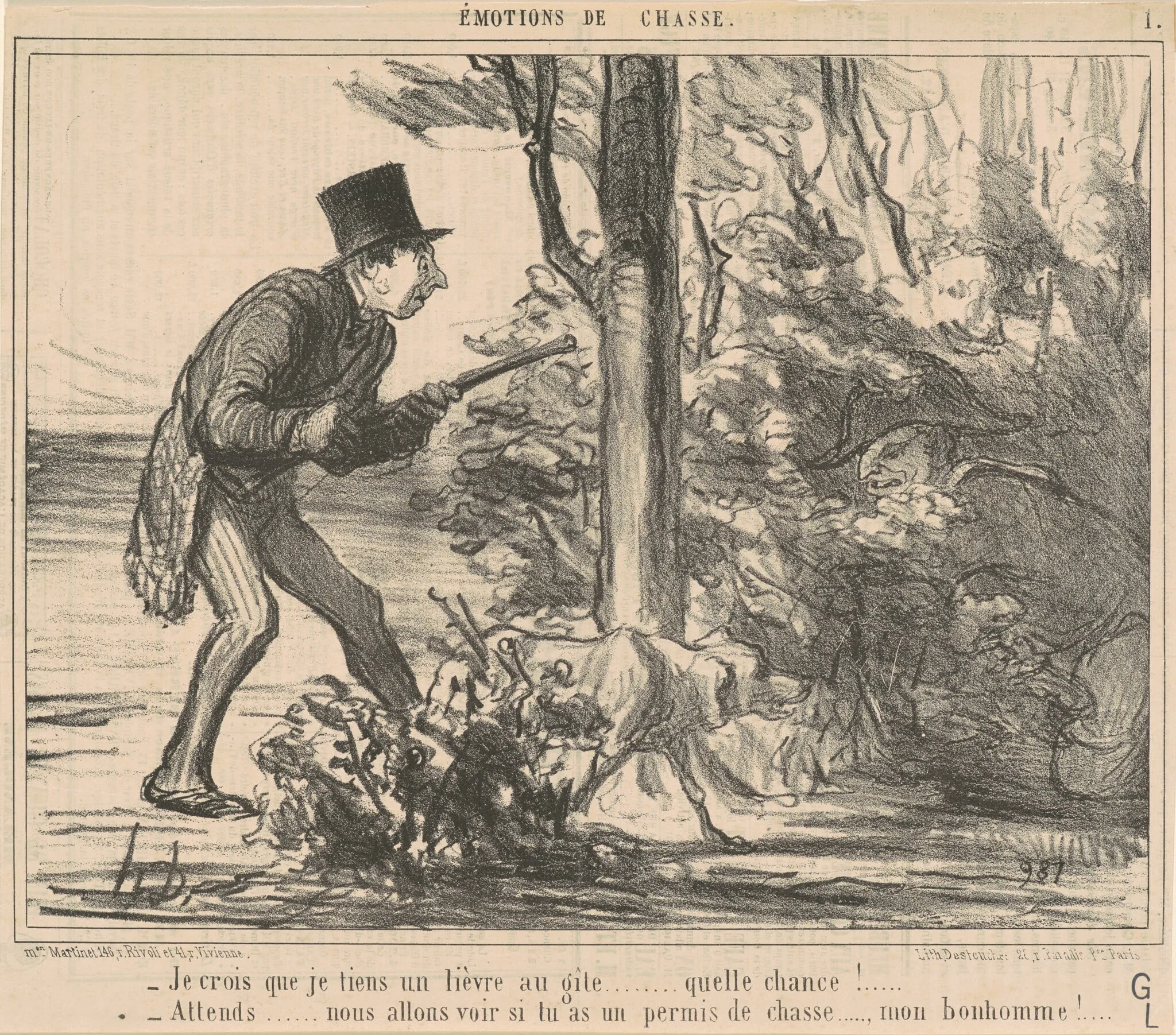 Je crois que je tiens un lièvre ..., by Honoré Daumier, ink, 1856