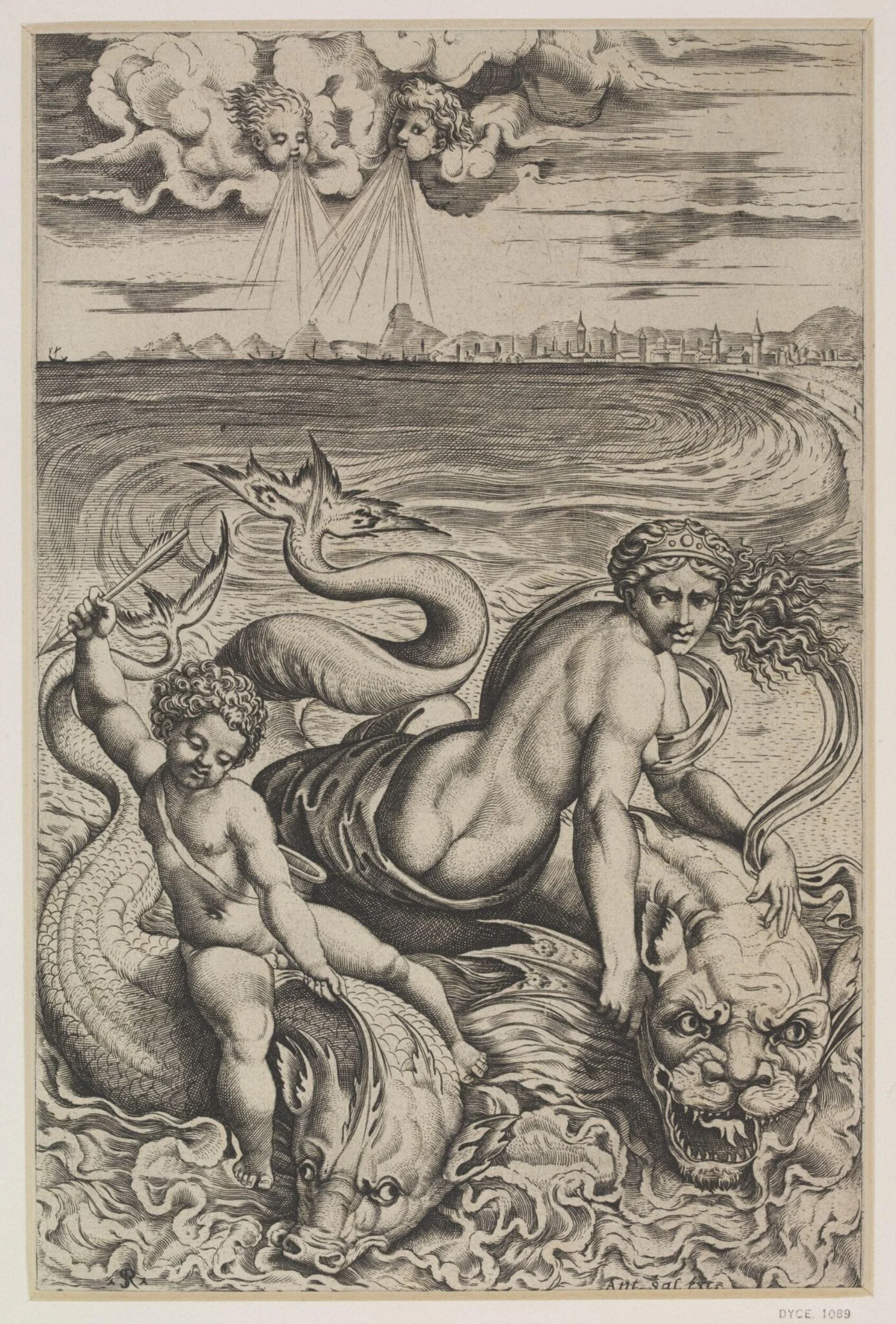 Venus and Cupid on the Sea Riding on Dolphins, by Marco Dente, 1550