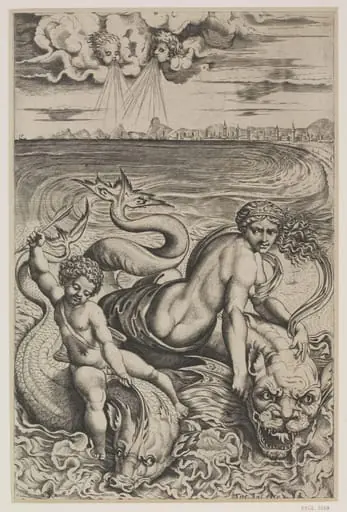 Venus and Cupid on the Sea Riding on Dolphins