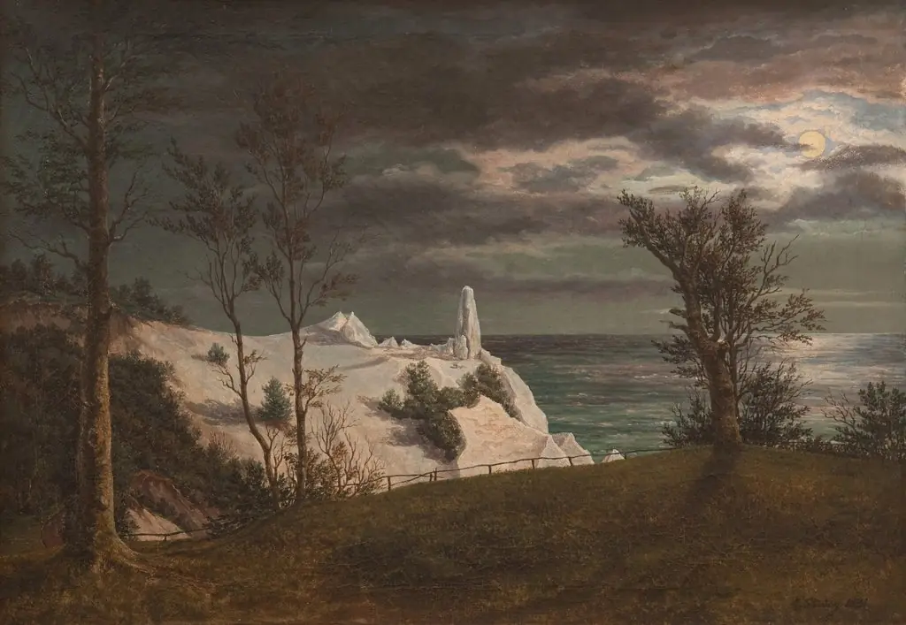 The "Summer Spire" on the Chalk Cliffs of the Island Møn. Moonlight