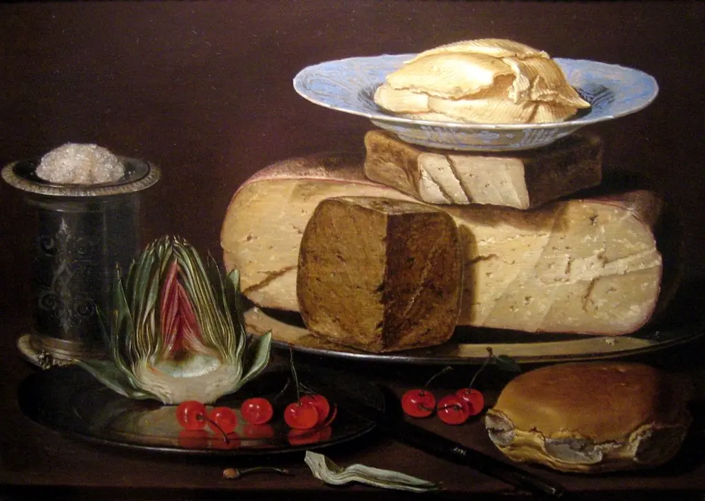 Still life with cheese, artichoke and cherries