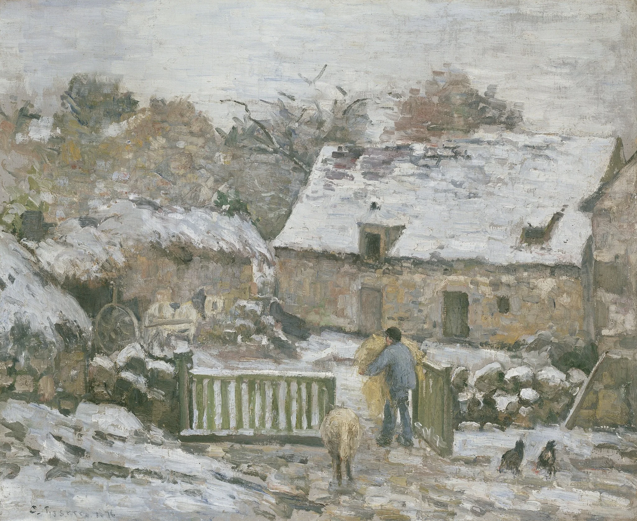 Farm at Montfoucault in Snow, by Camille Pissarro, oil, 1875