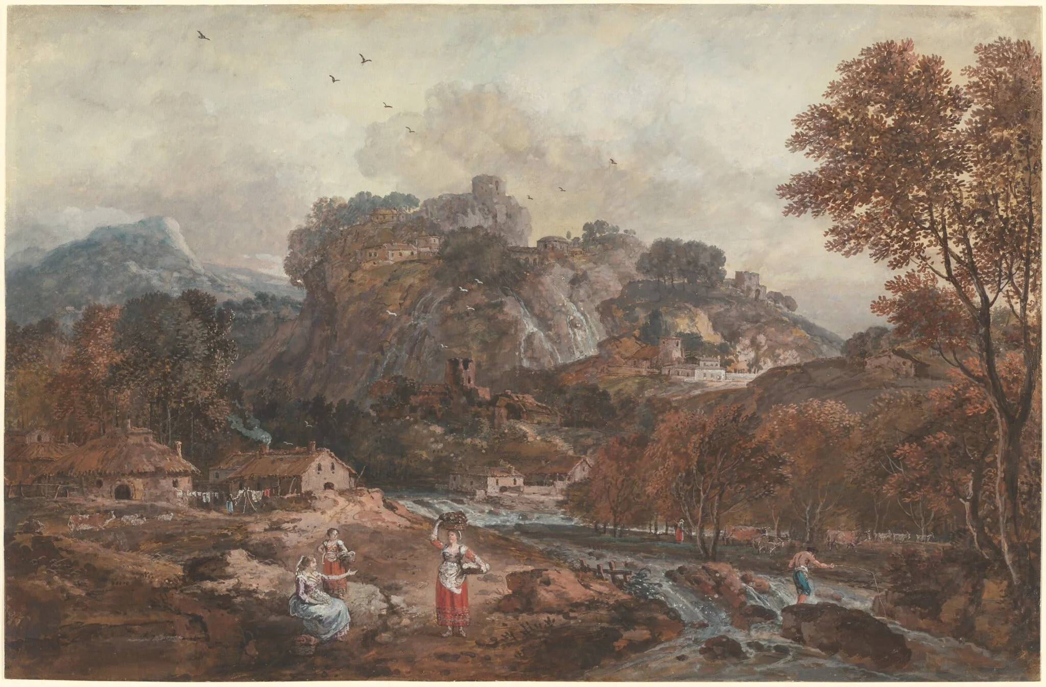 Mountain Landscape with Washerwomen and a Fisherman, by Francesco Zuccarelli, gouache, 1764
