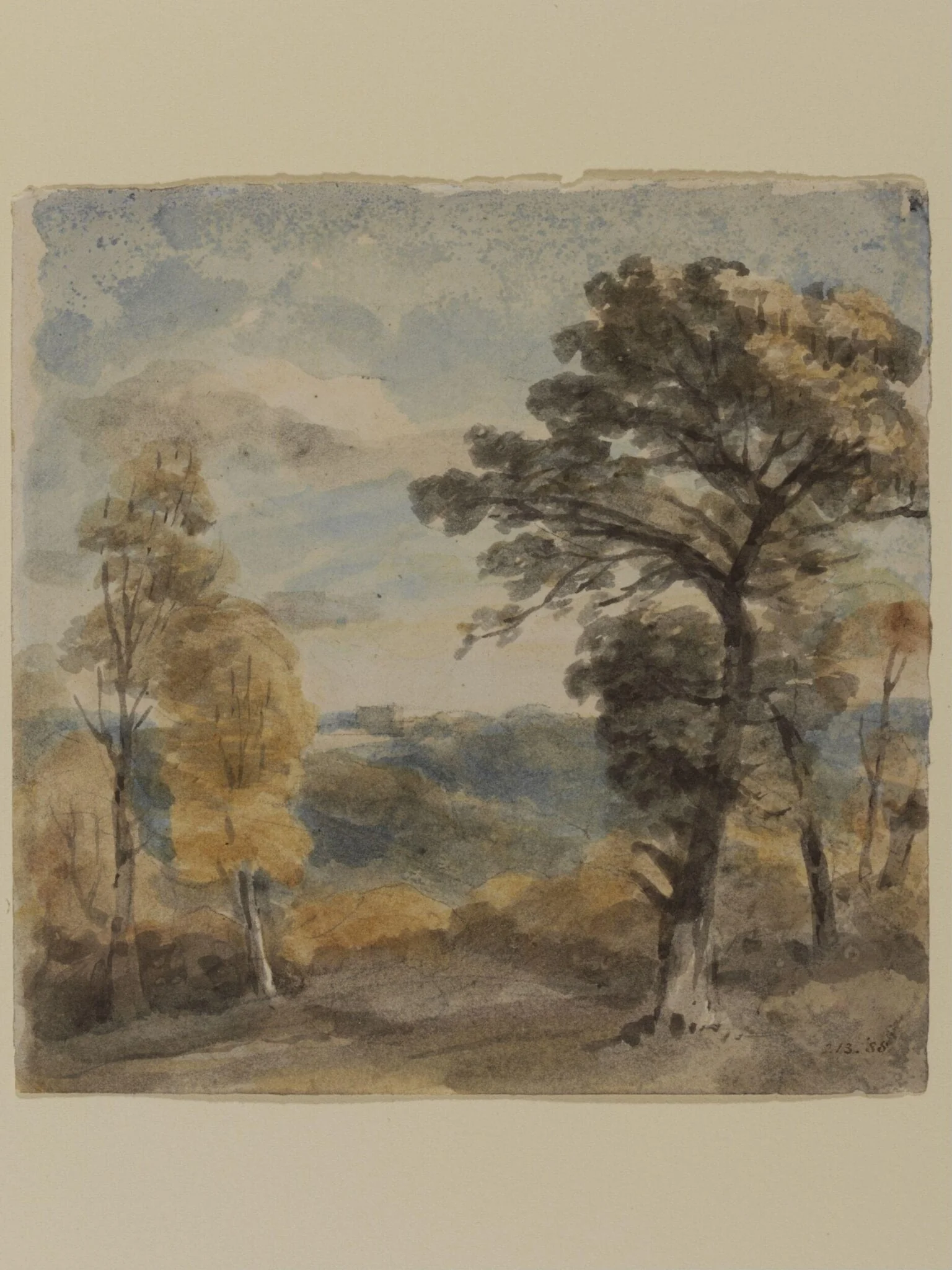 Landscape with trees and a distant mansion, by John Constable, watercolor, 1805
