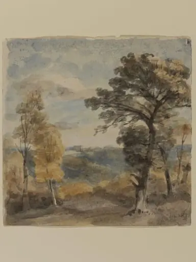 Landscape with trees and a distant mansion