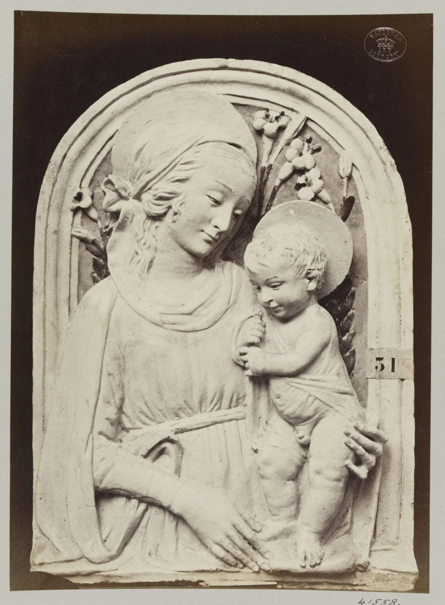 Bas-relief Virgin and Child in enamelled earthenware by Luca della Robbia, by Louise Laffon, photographic, 1864