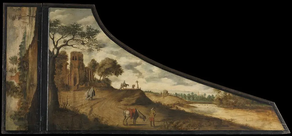 A painting on a harpsichord lid with a hilly landscape and travelers