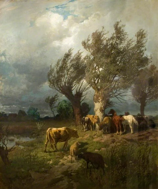 Horses and Cattle in a Storm, by Hermann Baisch, oil, 1880