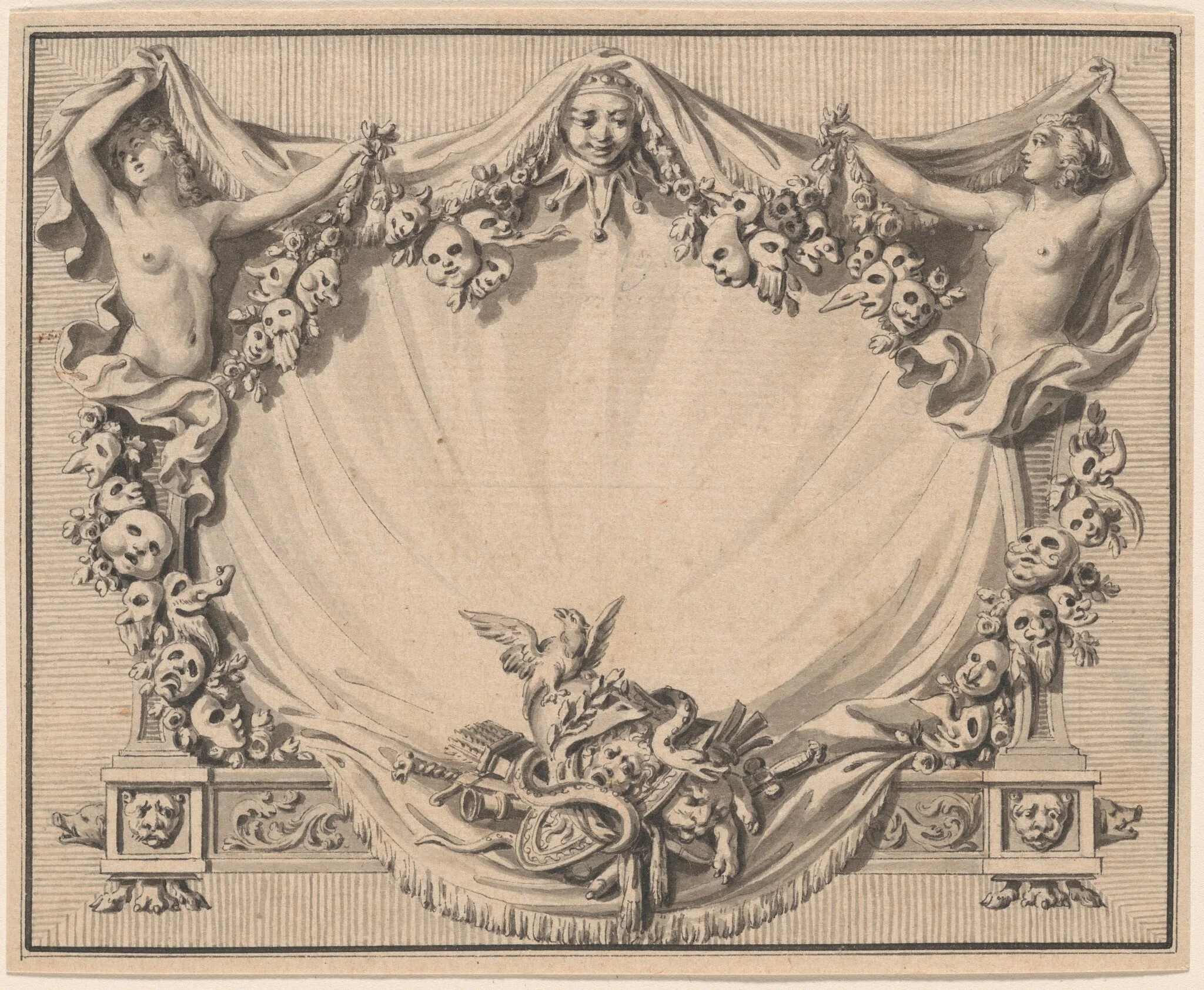 A Cartouche with Theater Masks, by Pierre-Philippe Choffard, ink, 1770