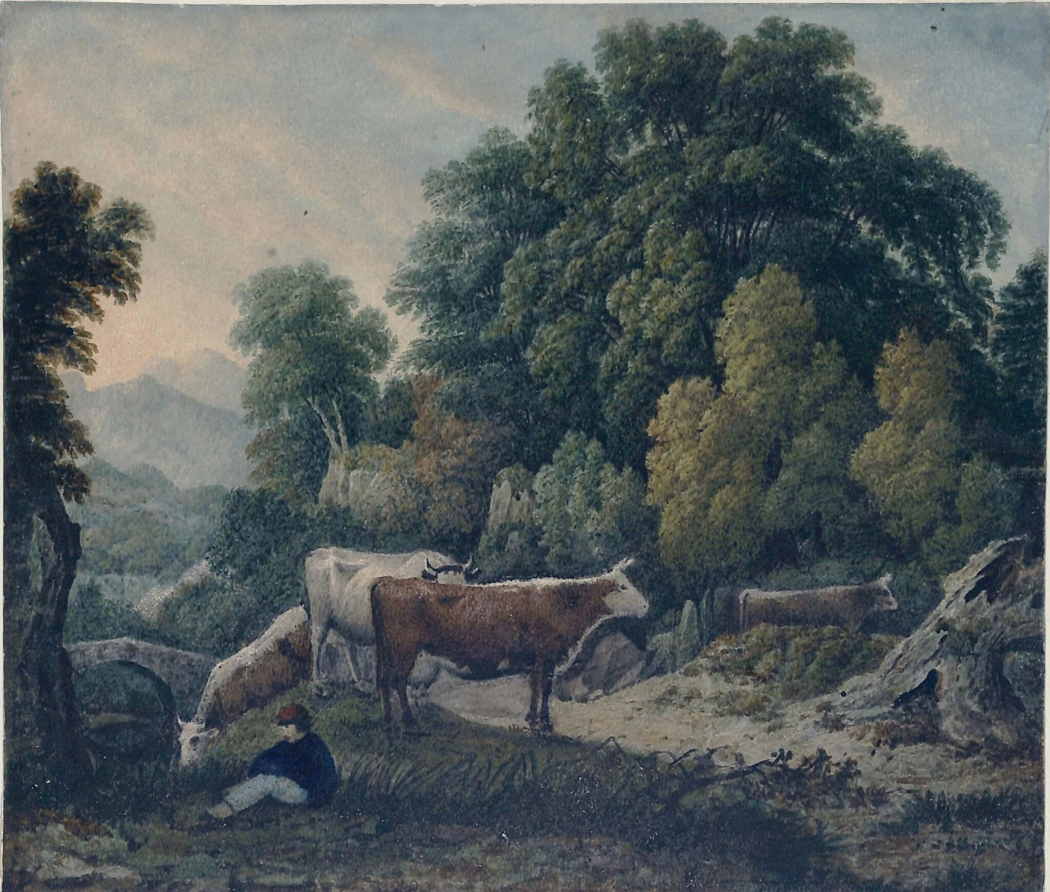 Trees and cattle, by James F. Holworthy, watercolor, 1800