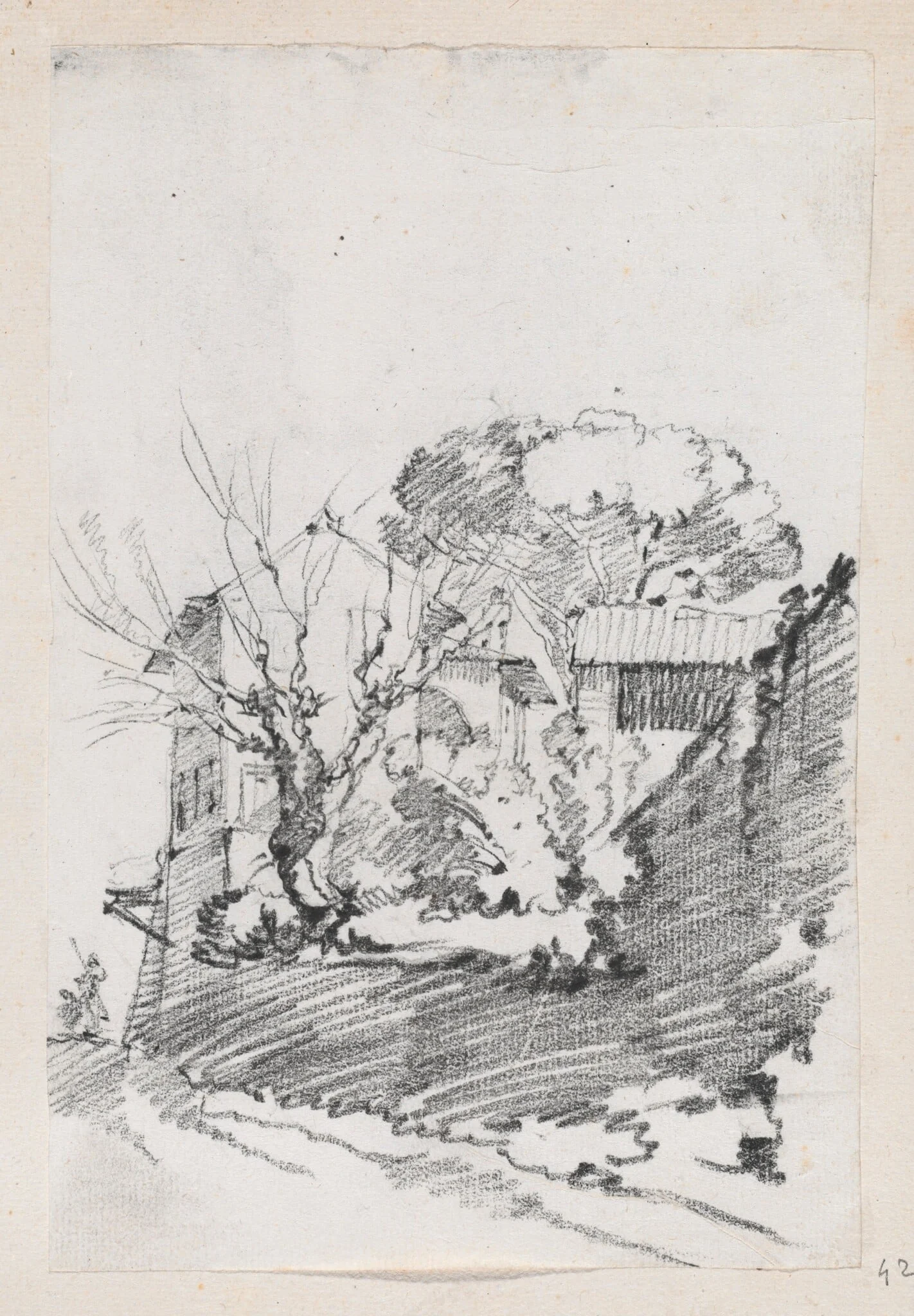 Houses beside a Road in Italy, by Joseph-Marie Vien, graphite, 1747