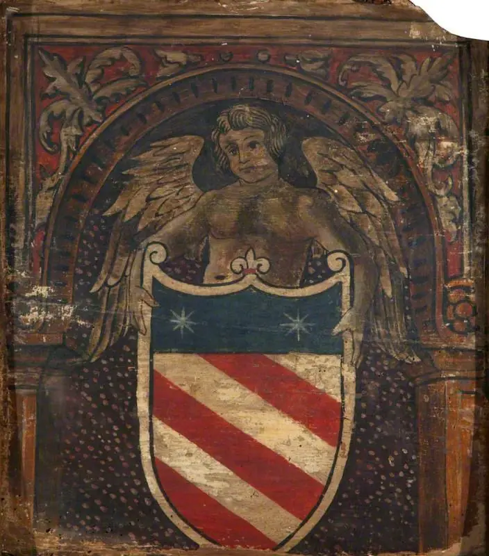 A Cupid with a Coat of Arms (one of 29 painted panels from a frieze)