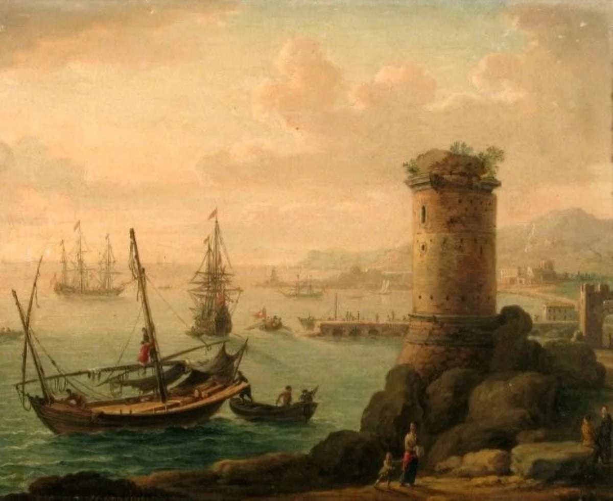 Port maritim cu turn rotund, by Hendrick Frans van Lint, unspecified