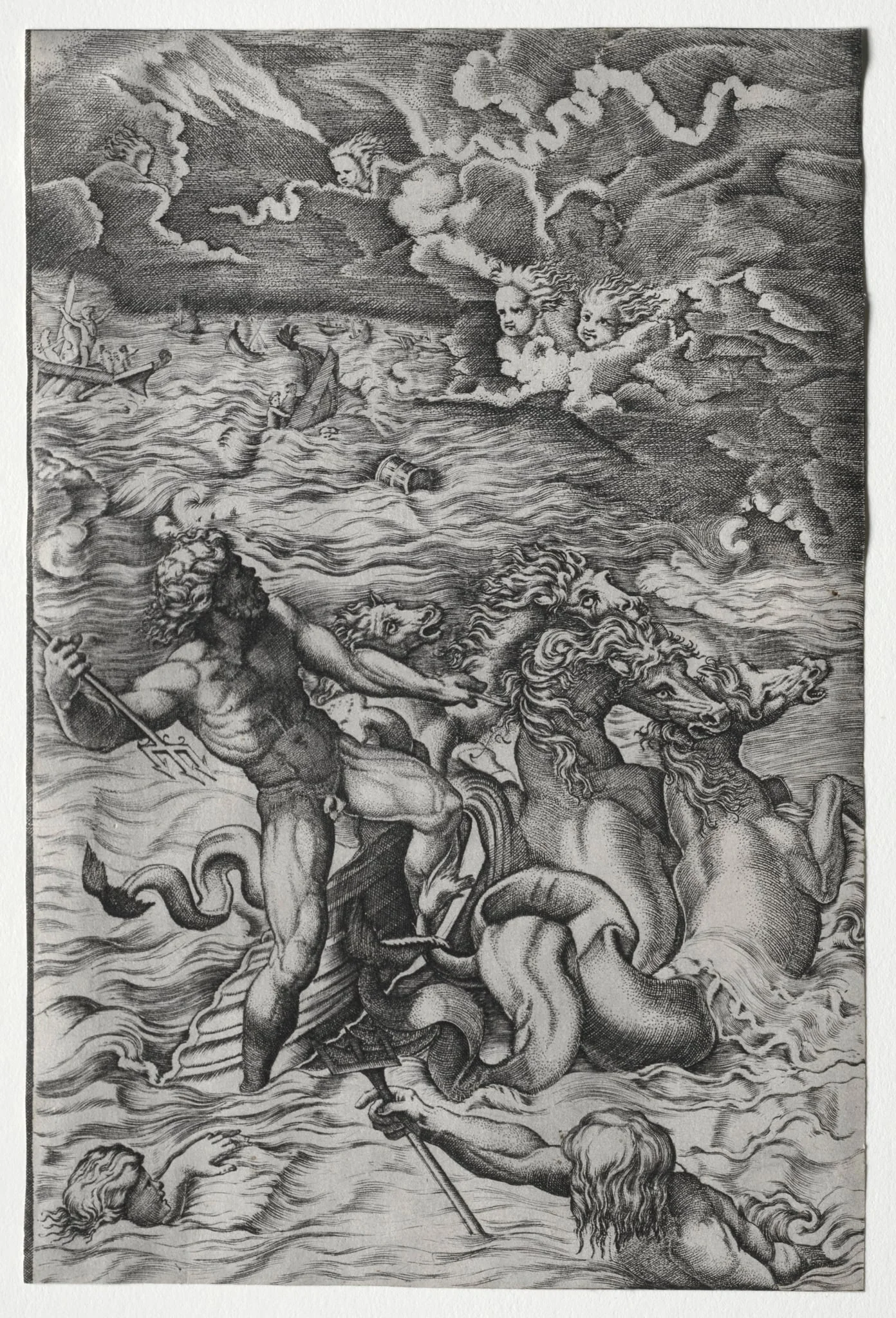 Neptune Calming the Tempest That Aeolus Raised Against Aeneas's Fleet, by Marcantonio Raimondi, 1516