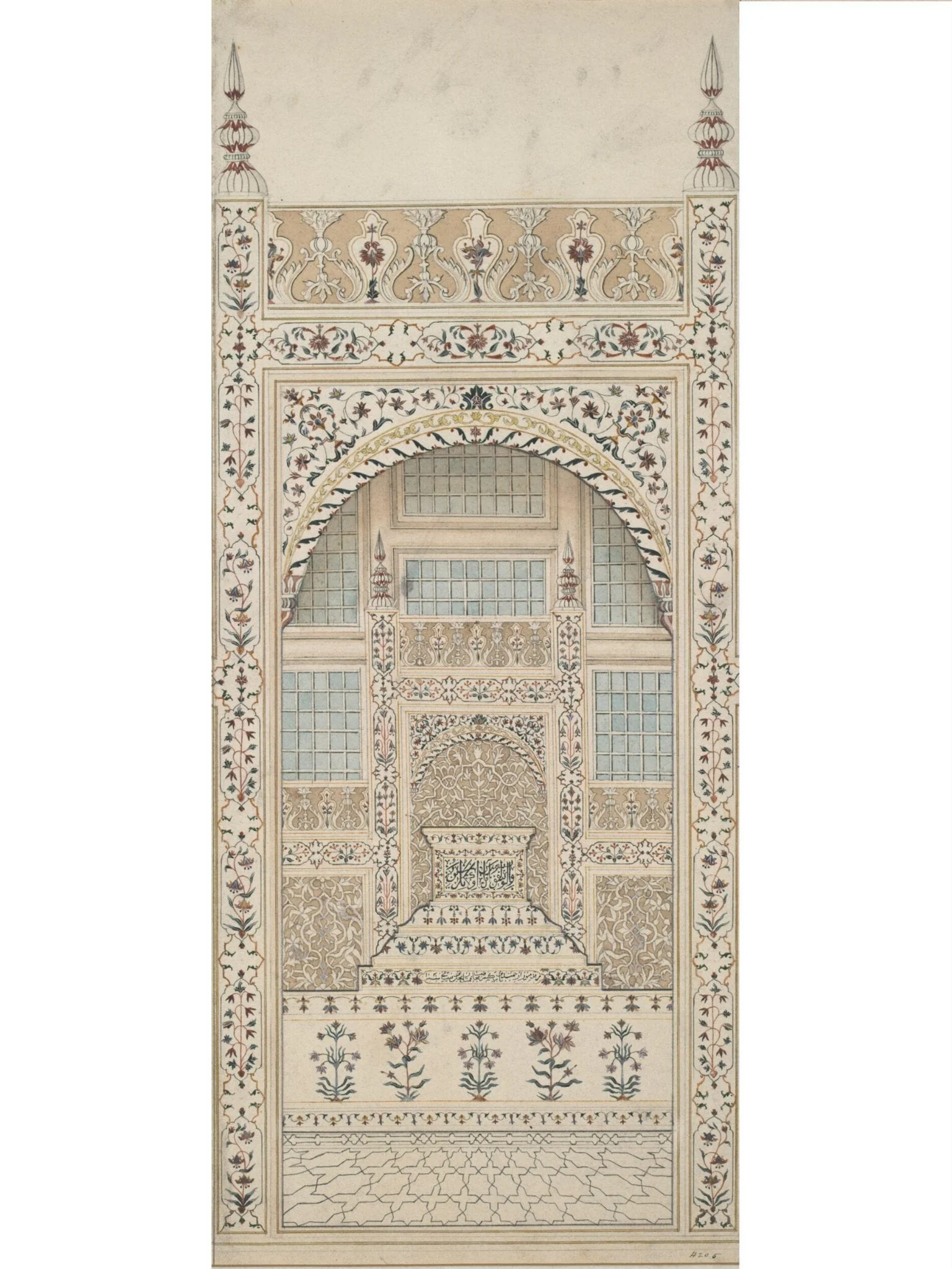 The marble screen around the cenotaphs of Shah  Jahan and Mumtaz Mahal, Agra., by Unknown, paint, 1820
