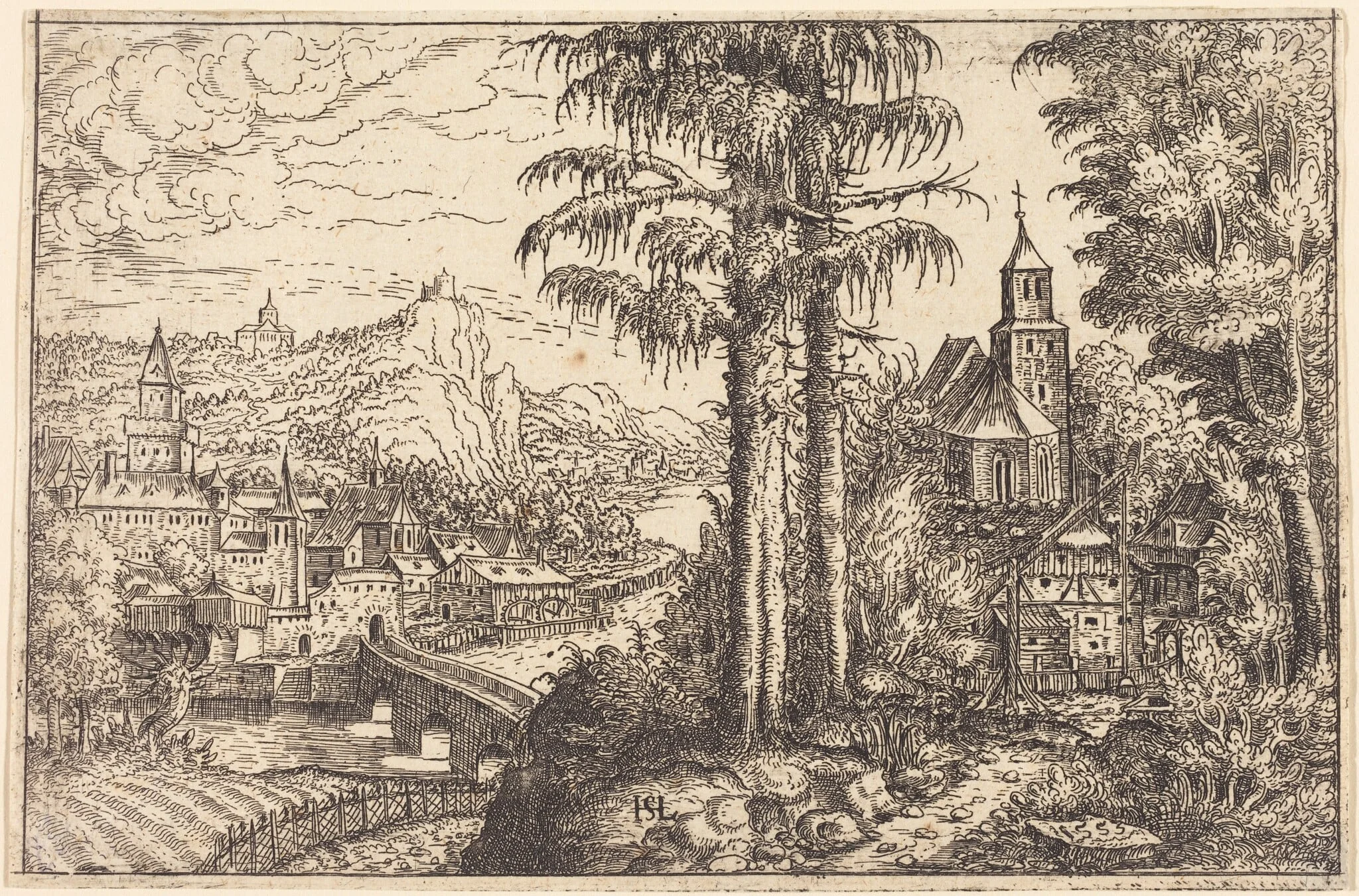 View of a Town near a River with a Church on the Right, by Hanns Lautensack, ink, 1553