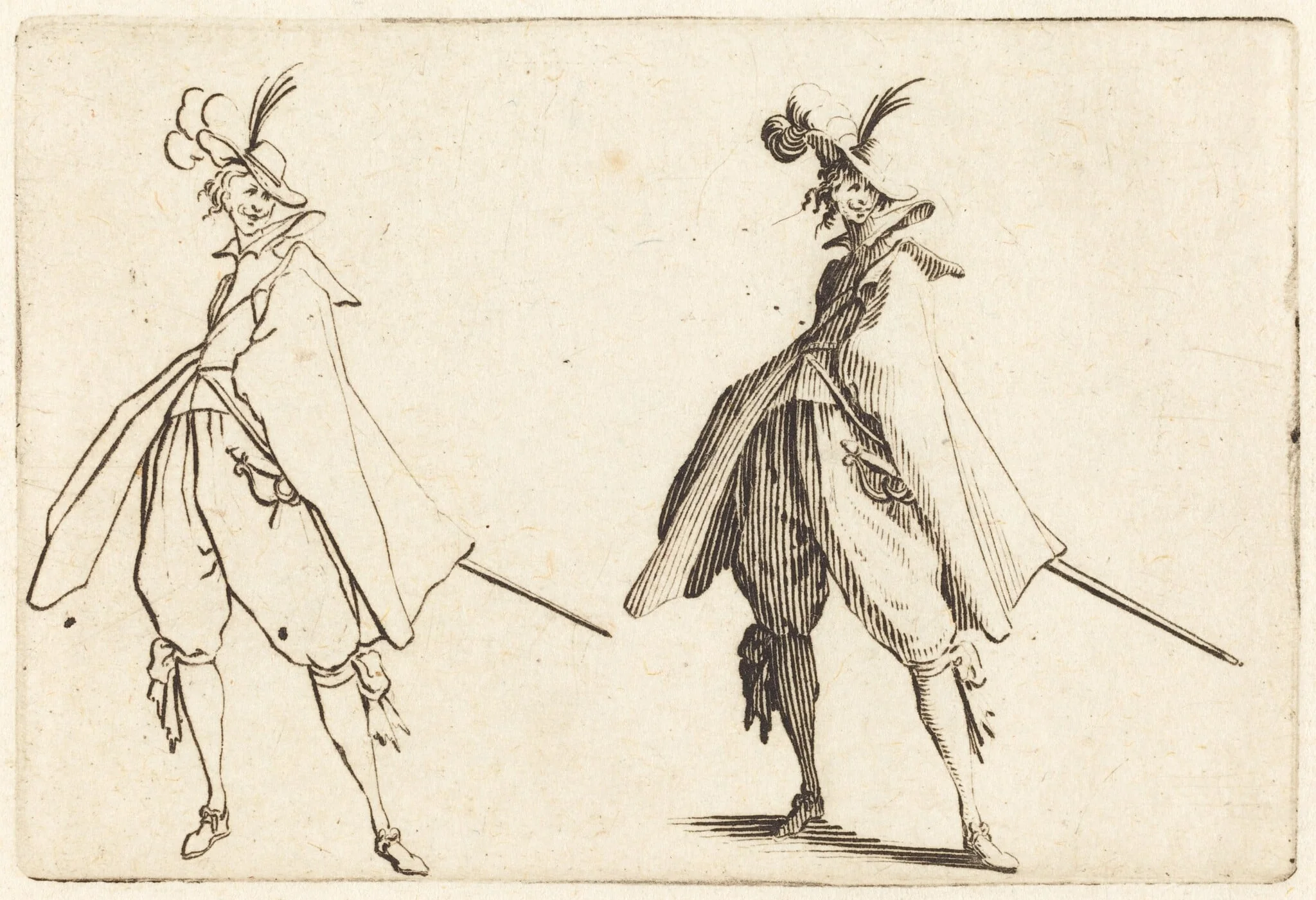 Gentleman in Large Mantle, Front View, by Jacques Callot, ink, 1622