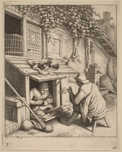 Smoker on a Stool Conversing with a Cobbler at Work