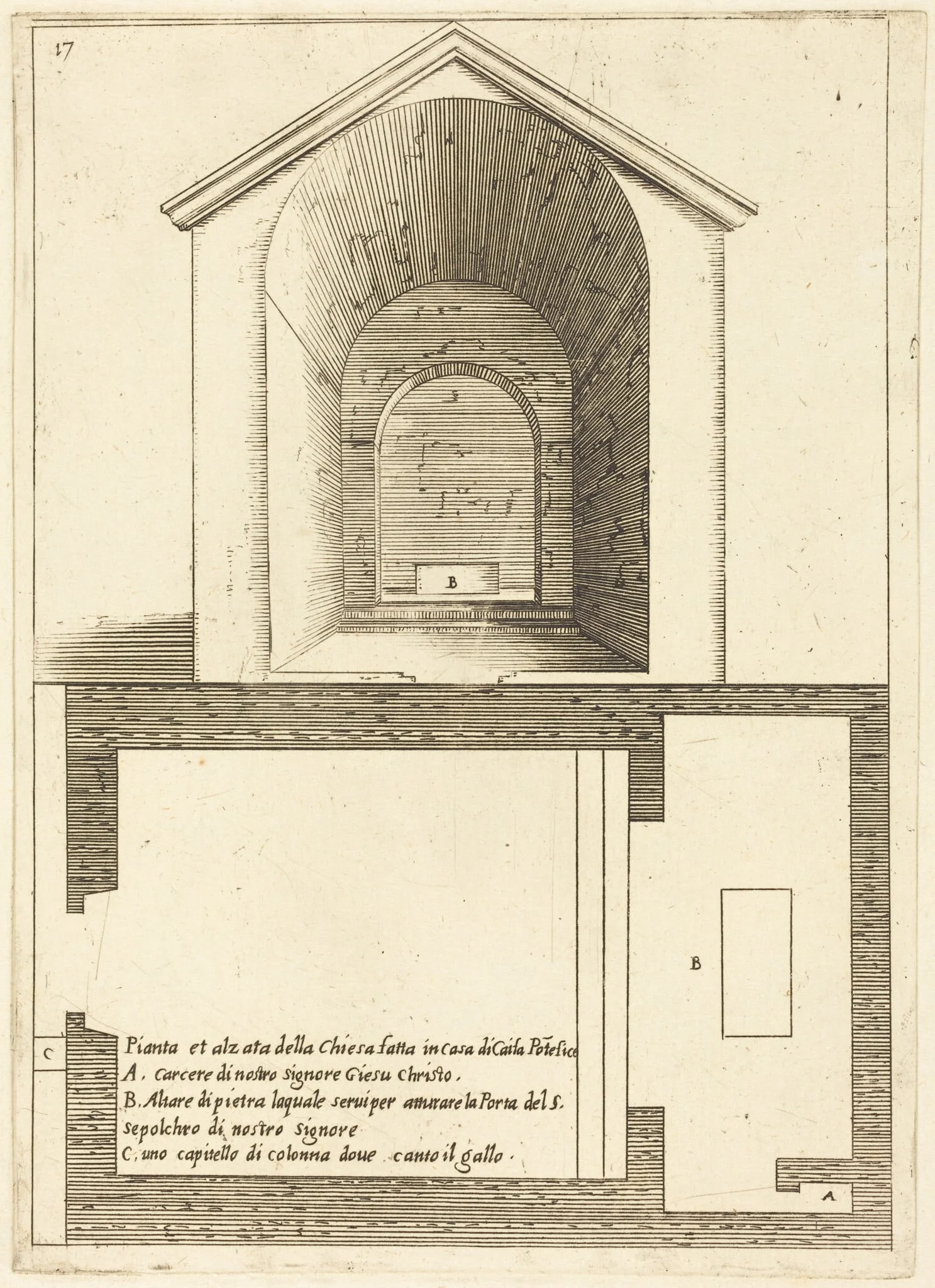 Plan and Elevation of the Church near the House of Caiaphas, by Jacques Callot, ink, 1619