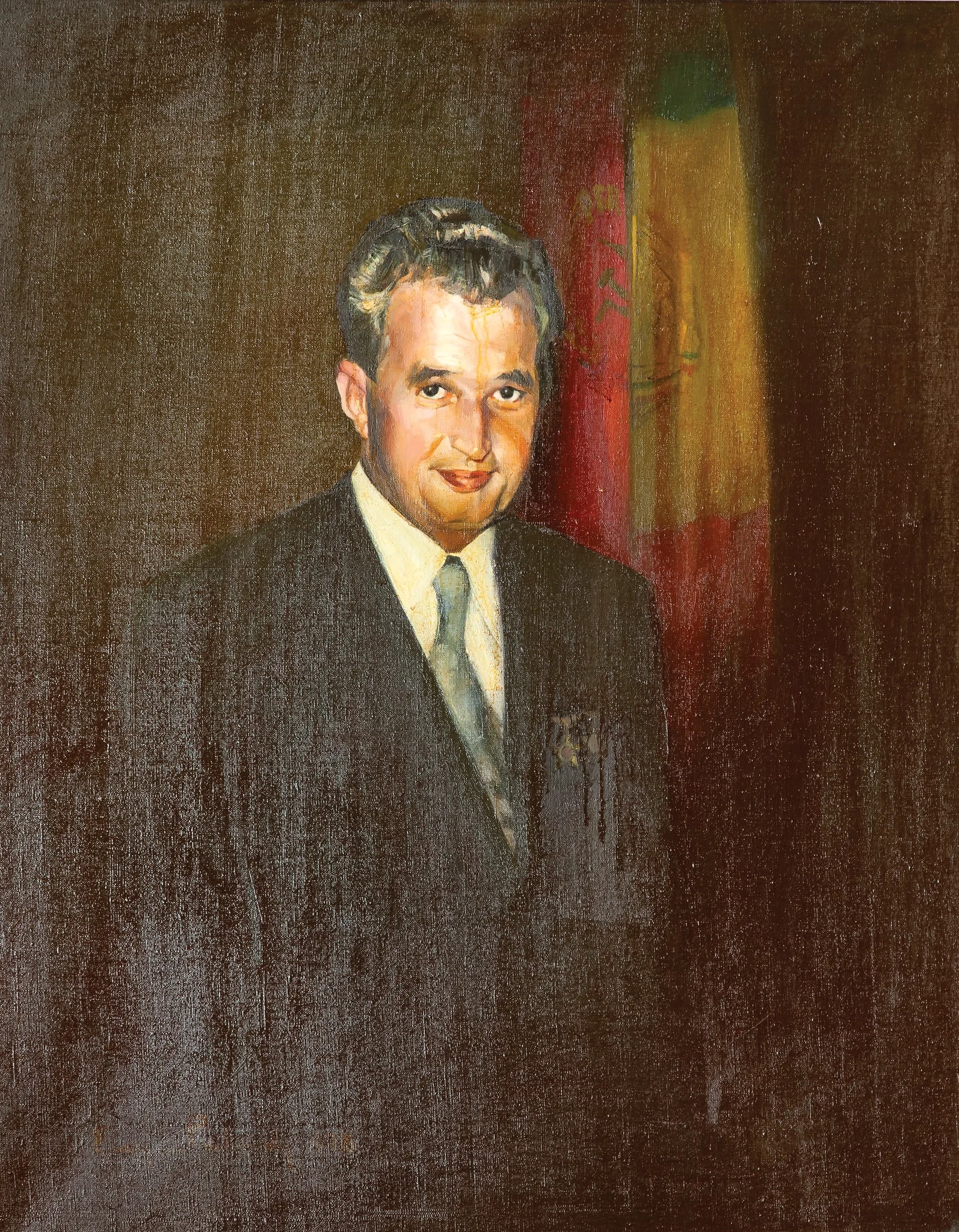 Tablou, ulei pe pânză, Portretul lui Nicolae Ceaușescu, nesemnat, atribiut lui Eugen Palade. Nicolae Ceaușescu cu două însemne de ”Erou al Republicii Socialiste România”, în spatele său steagul cu stema RSR și steagul PCR. Comandat și oferit de Ministerul de Interne, Direcția de Securitate și Gardă, 25 ianuarie 1978.
