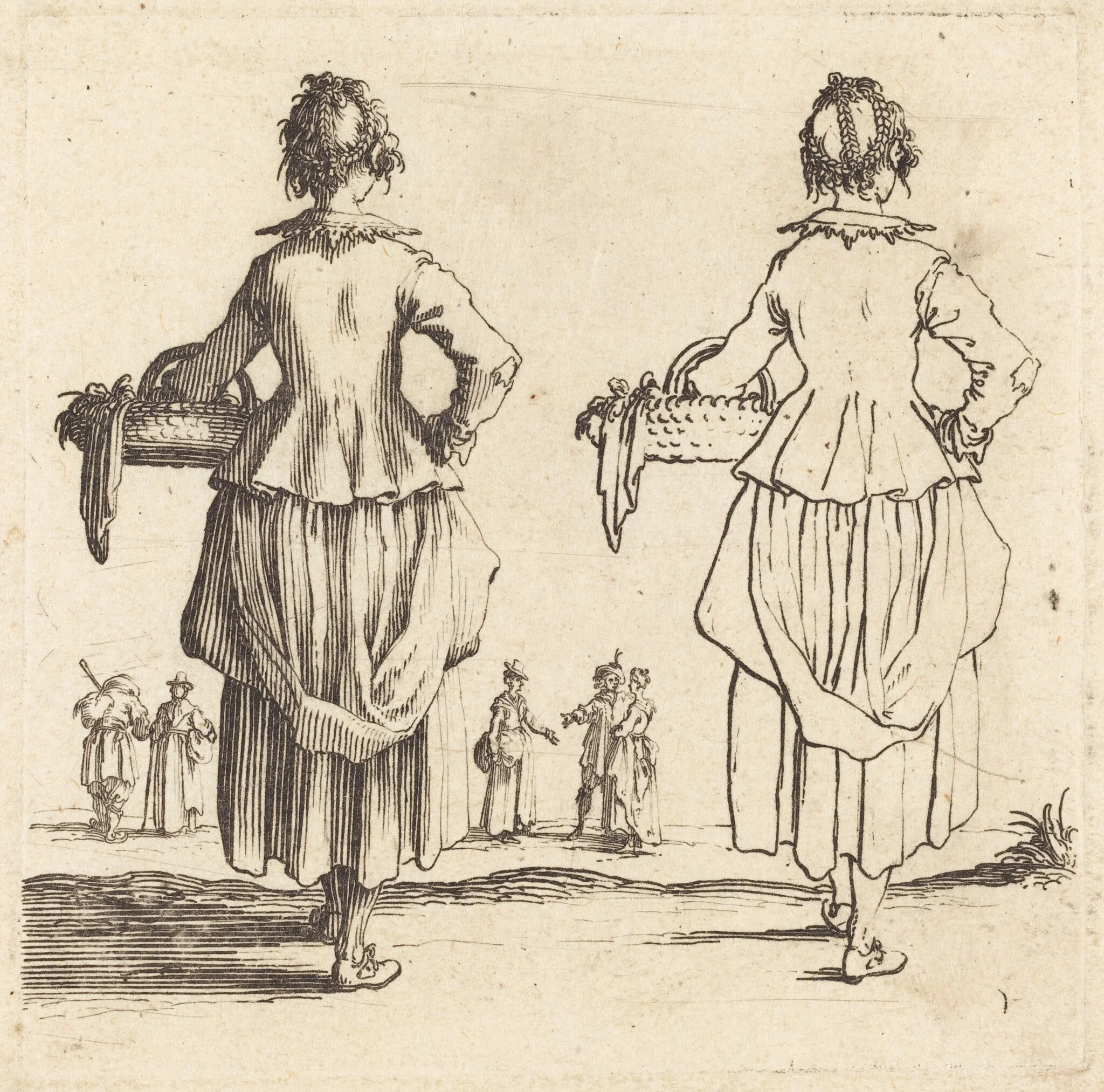 Peasant Woman with Basket, Seen from Behind, by Jacques Callot, ink, 1622