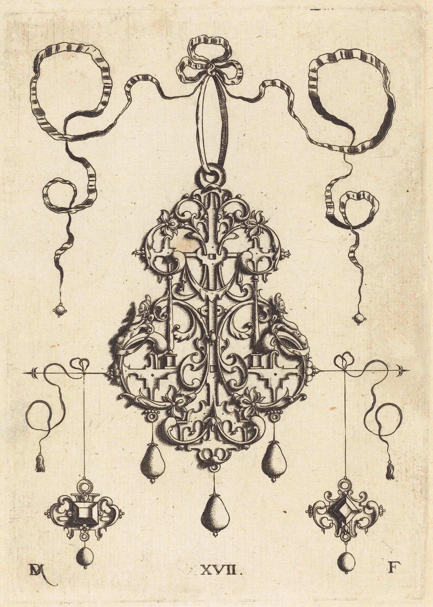 Strapwork Pendant with Two Square Tablestonesas Earrings at Left and Right