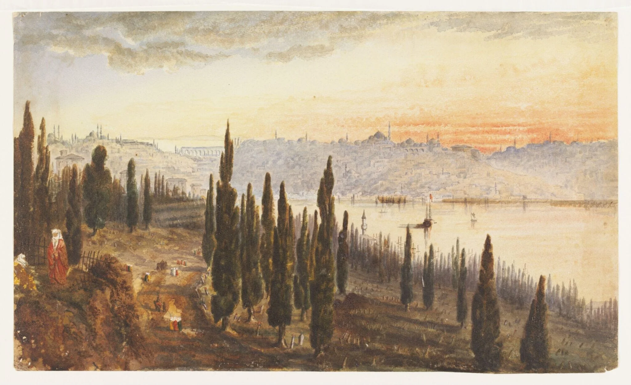 View of Constantinople from the cemetery at Pera, by Unknown, watercolor, 1865
