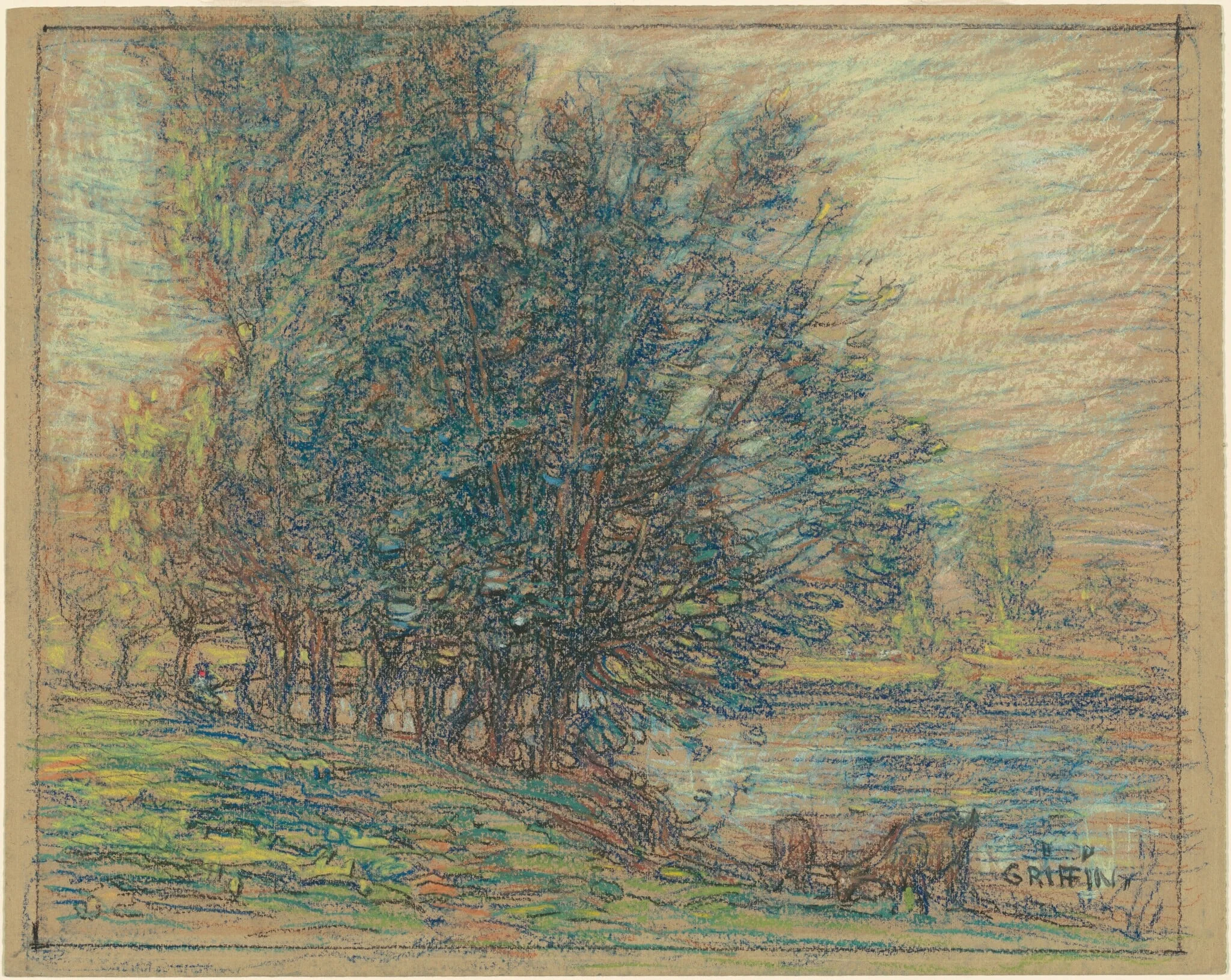 Willows, Longpre, France, by Walter Griffin, pastel, 1914