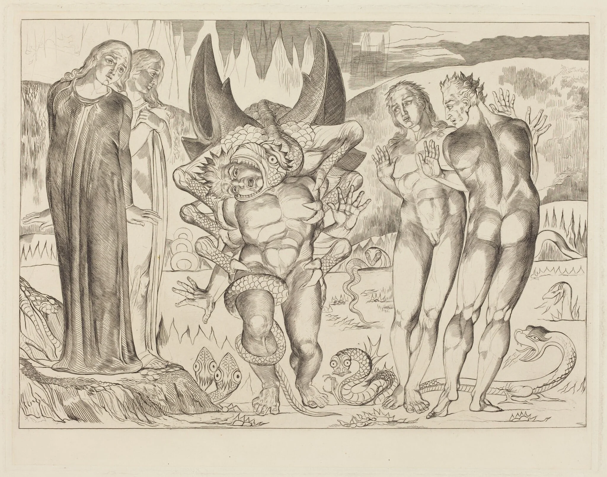 The Circle of the Thieves; Agnolo Brunelleschi Attacked by a Six-Footed Serpent, by William Blake, ink, 1827