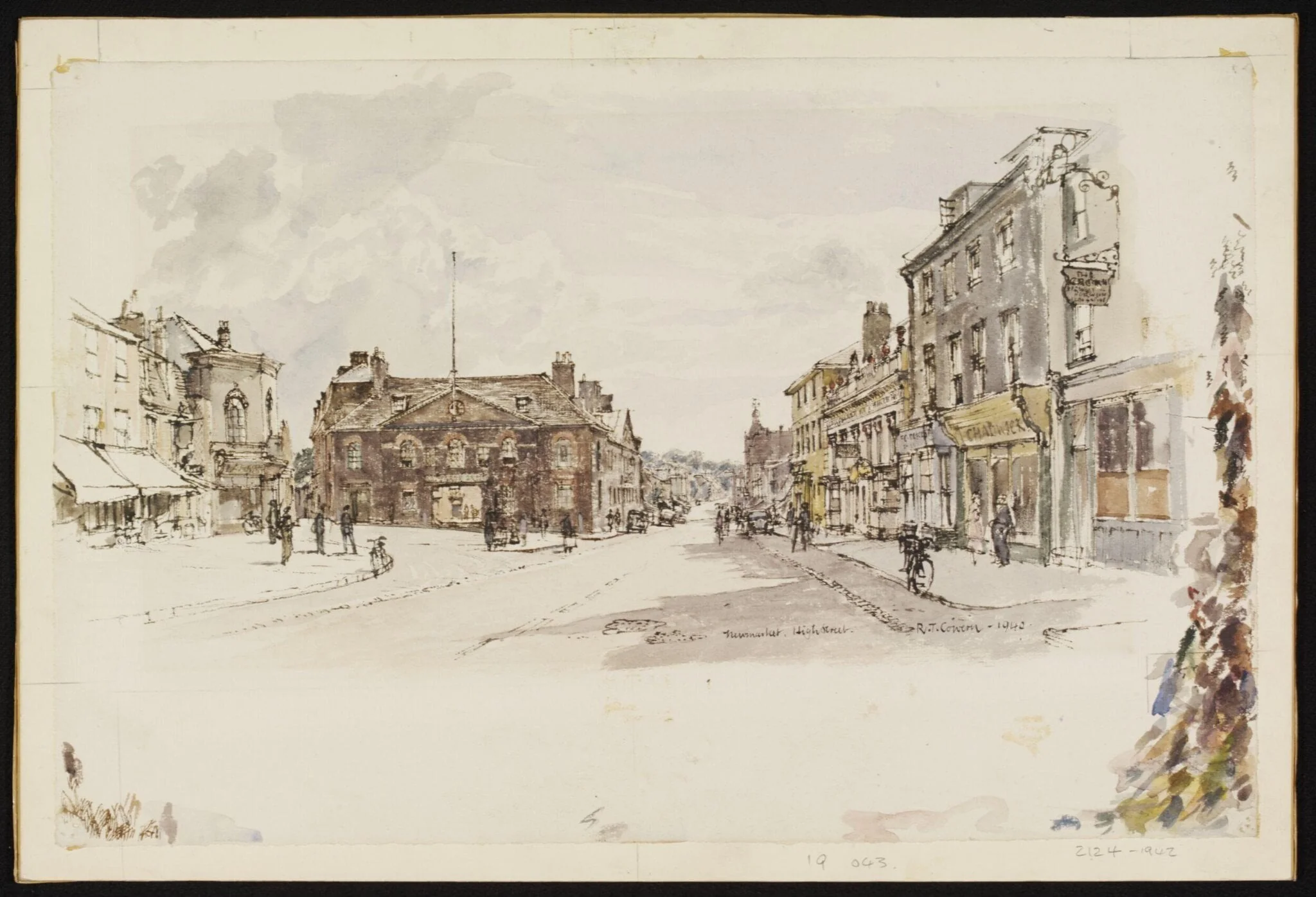 High Street and Rutland Arms, Newmarket, by Raymond Cowern, watercolor, 1940