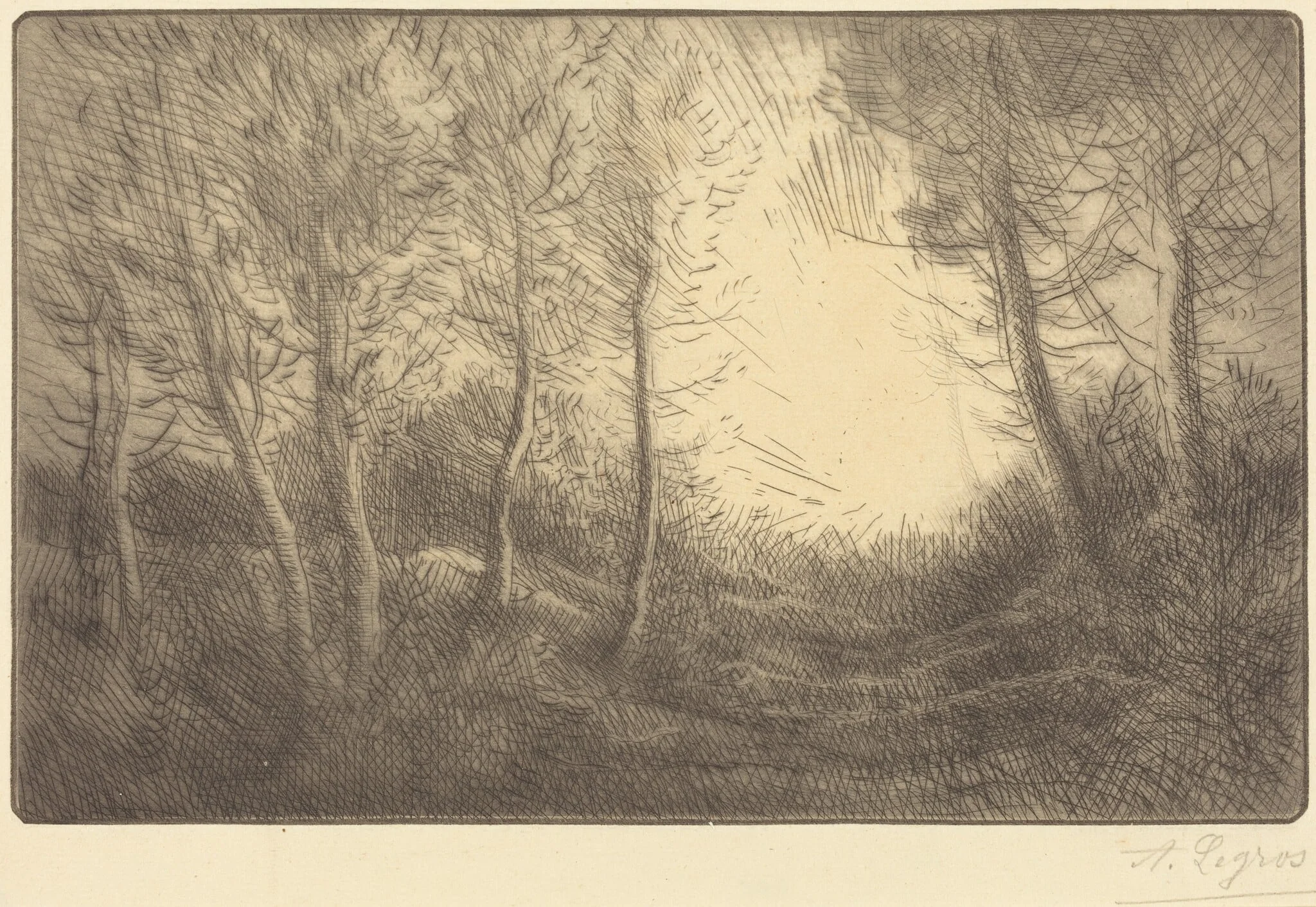 Sunrise, Woods of Clamard (Lever du soleil, bois de Clamard), by Alphonse Legros, ink, 1874
