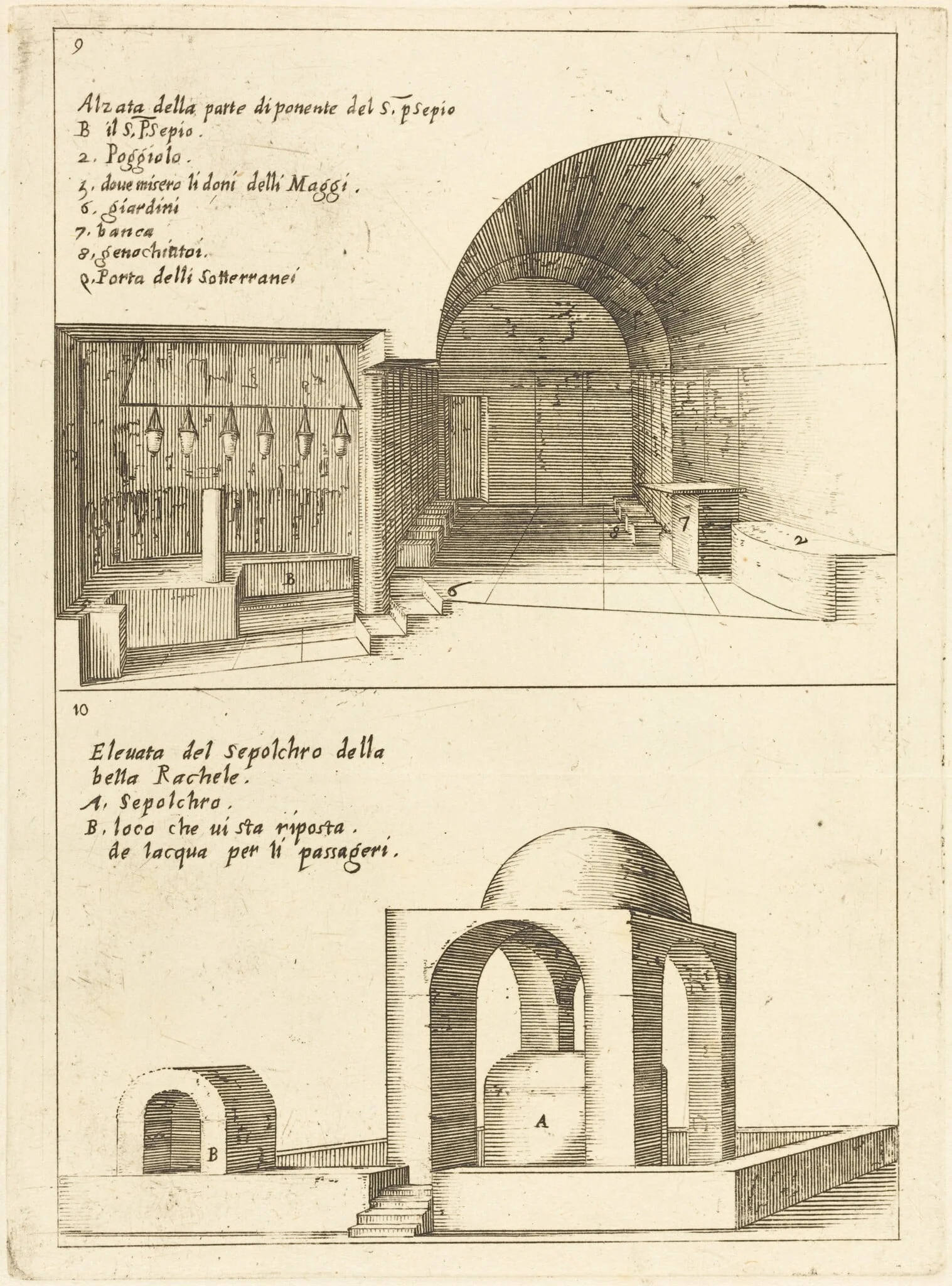 Elevations of the Holy Manger and the Sepulchre of Rachel, by Jacques Callot, ink, 1619