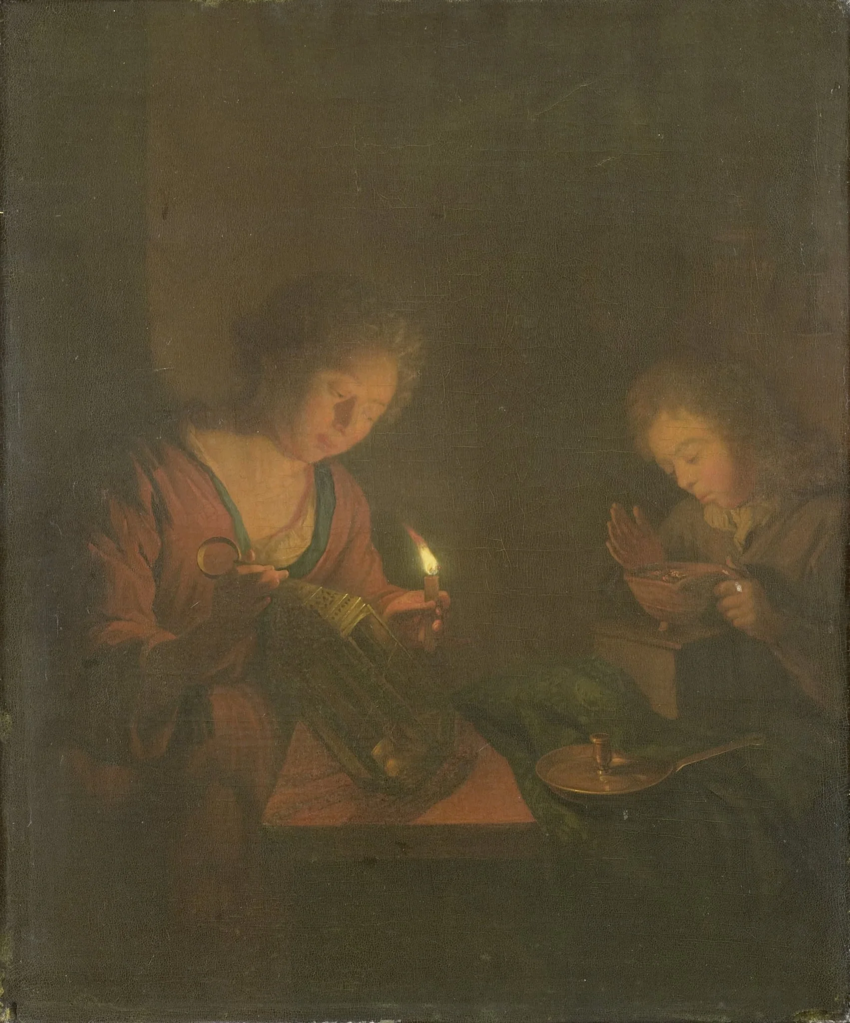 Fire and Light (A Girl Places a Candle in a Lantern and a Boy Blows on the Coals in a Chafing-Dish), by Unknown, unspecified, 1698