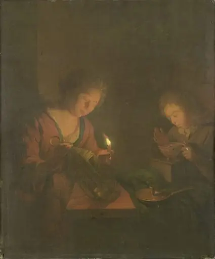 Fire and Light (A Girl Places a Candle in a Lantern and a Boy Blows on the Coals in a Chafing-Dish)