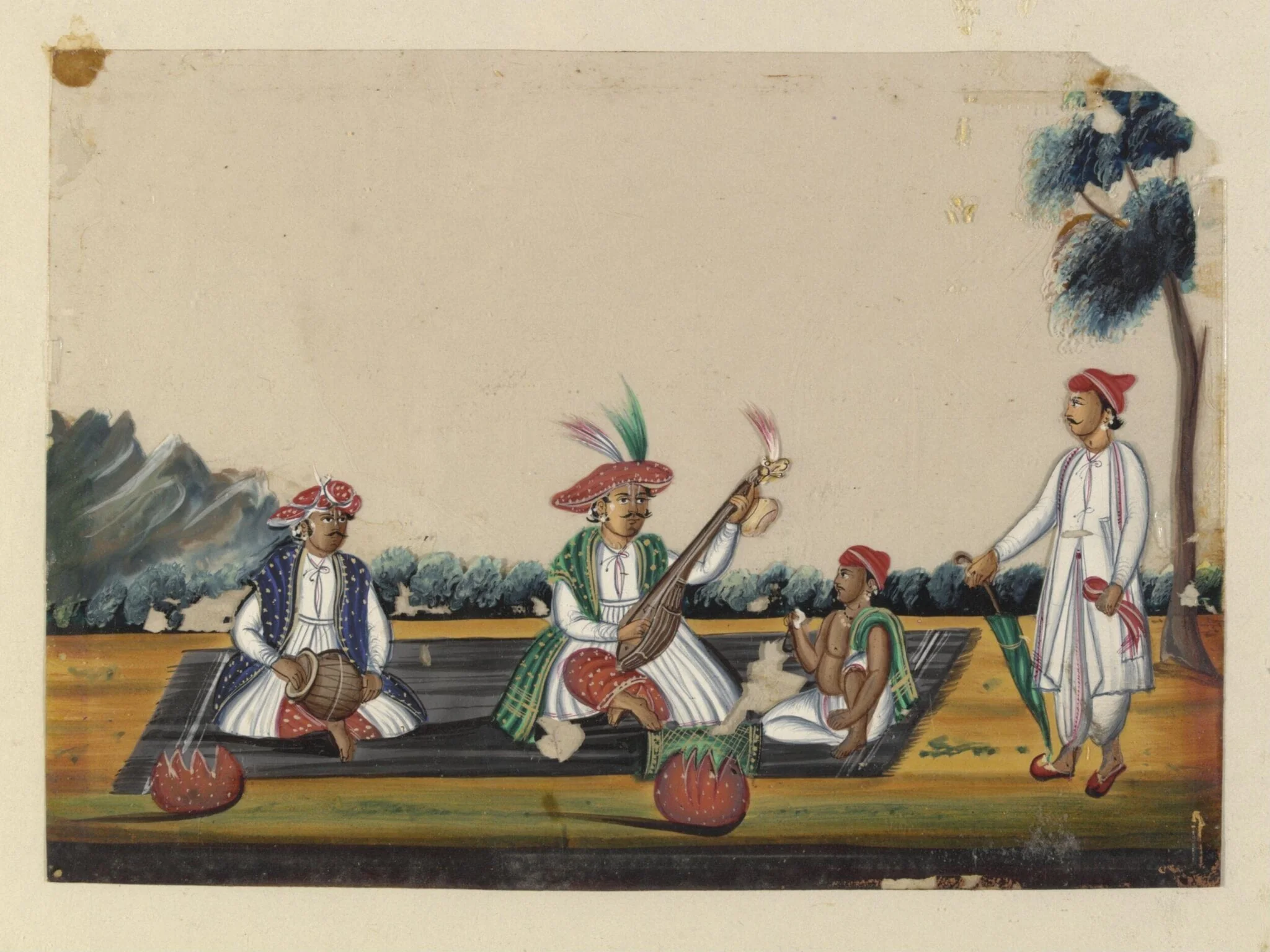 Three seated musicians and an onlooker, by Unknown, paint, 1860